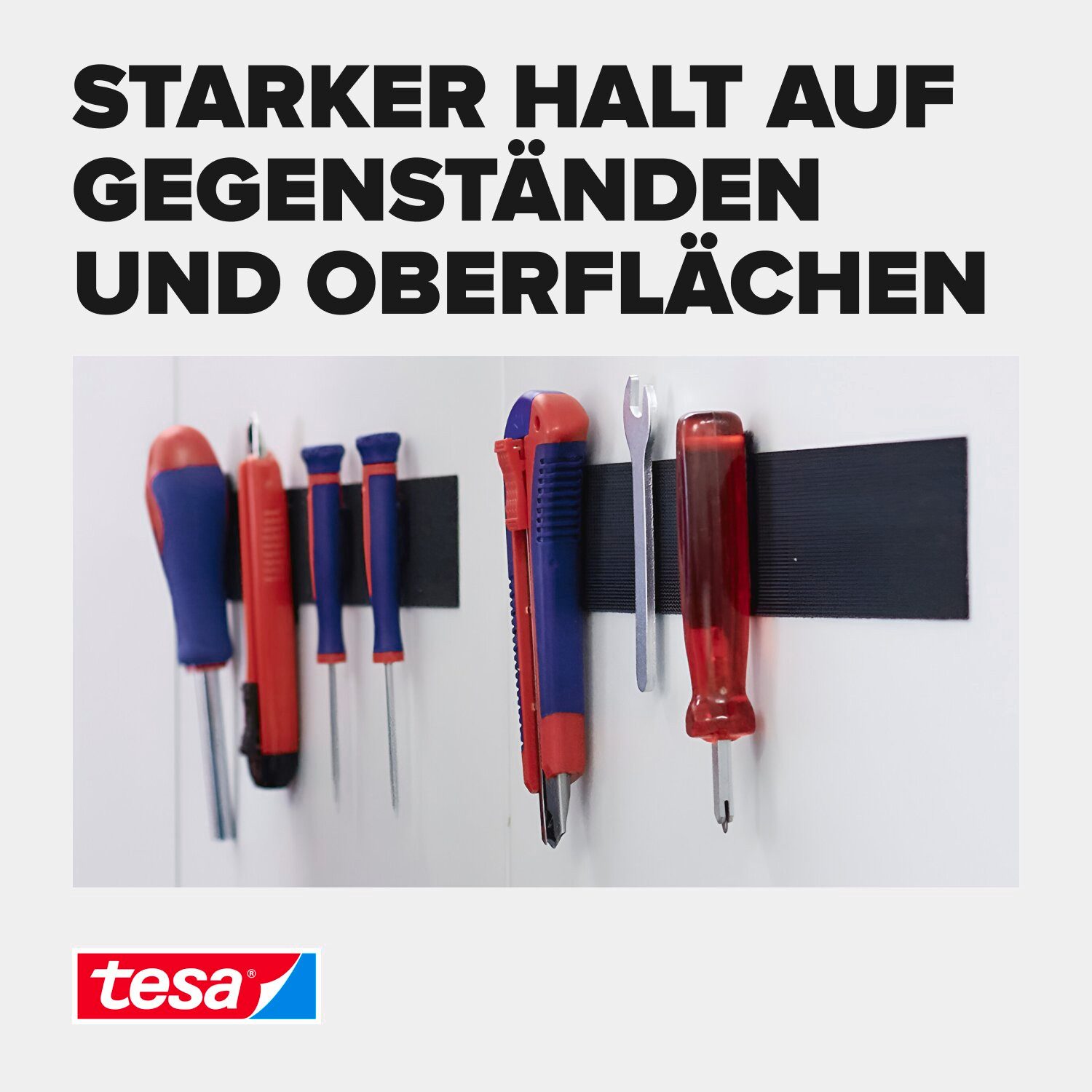 tesa Klett-Klebeband ON & OFF Extra Strong Klettband (Packung, 1-St) selbstklebendes Klettband - extra stark - schwarz - 1 m : 50 mm