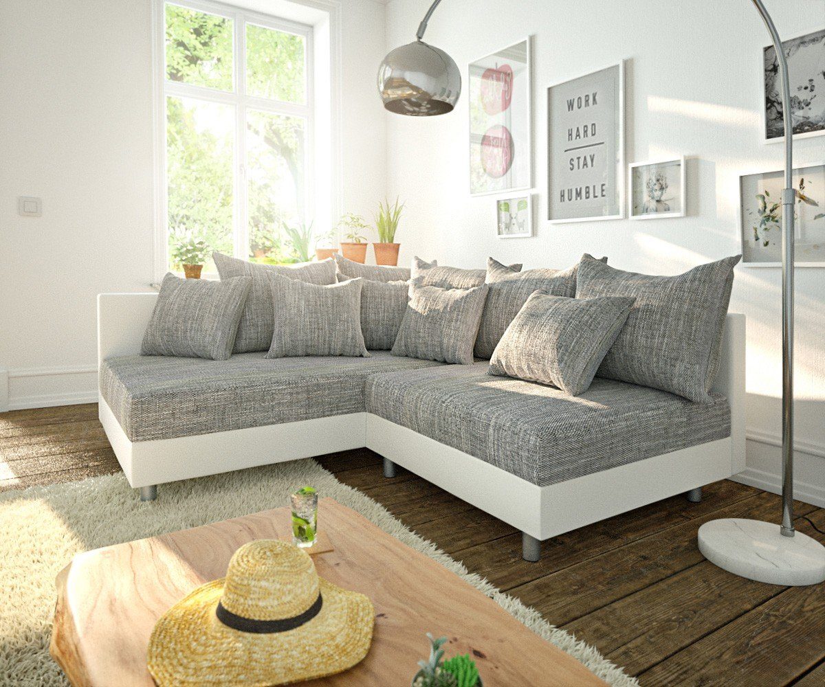 DELIFE Ecksofa Clovis, Weiss Hellgrau mane Links Ecksofa modular