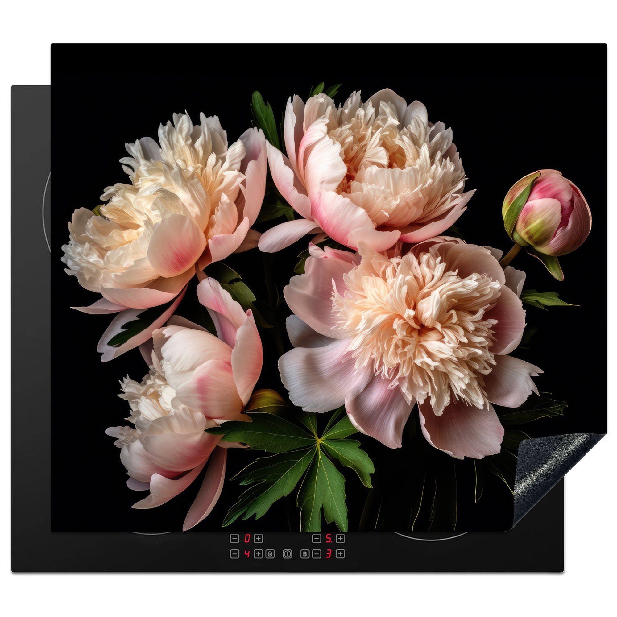 MuchoWow Herdblende-/Abdeckplatte Pfingstrosen - Blumen - Natur - Rosa - Weiß, Vinyl, (1 tlg), 60x52 cm, Mobile Arbeitsfläche nutzbar, Ceranfeldabdeckung
