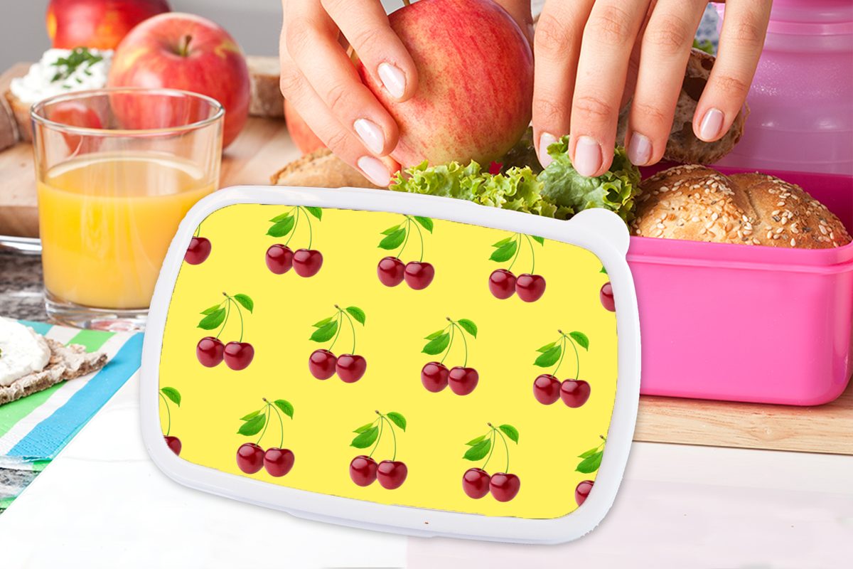 MuchoWow - Erwachsene, Kirschen Rot - Muster, (2-tlg), für Kinder, Brotdose Kunststoff, Lunchbox Snackbox, Mädchen, Brotbox rosa Kunststoff