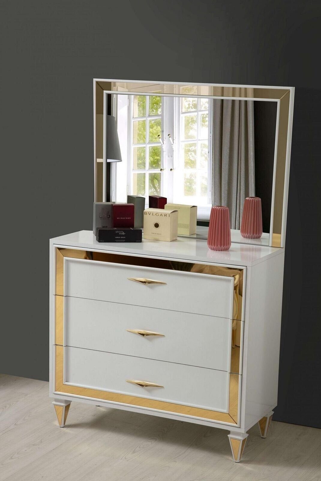Xlmoebel Schminkschrank Weißer Schminkschrank + Spiegel Holz Möbel mit Edelstahl-Details (2-St., Kommode+Spiegel) Made in Europa