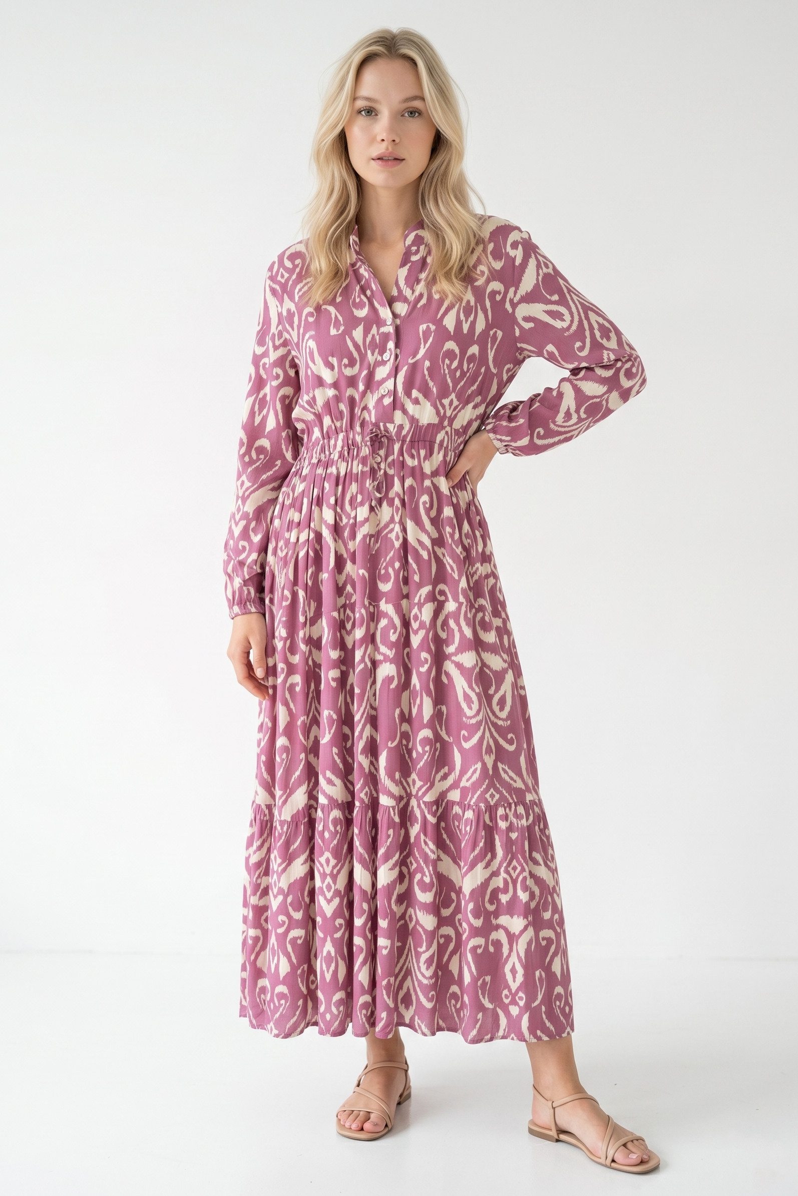 Kendindza Collection Sommerkleid Sommerkleid Damen Lang Viskose Elegantes Maxikleid lang Maxi Kleid Ikat-Print Knopfleiste & Schnurbund, Luftig Leicht
