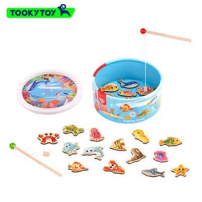 Tooky Toy Lernspielzeug Angelspiel mit magnet und Aufbewahrungsbox (Set, 22-St., Montessori Holzspielzeug), Magnetische bunt Fische Angelspiel aus Holz ab 2 Jahre