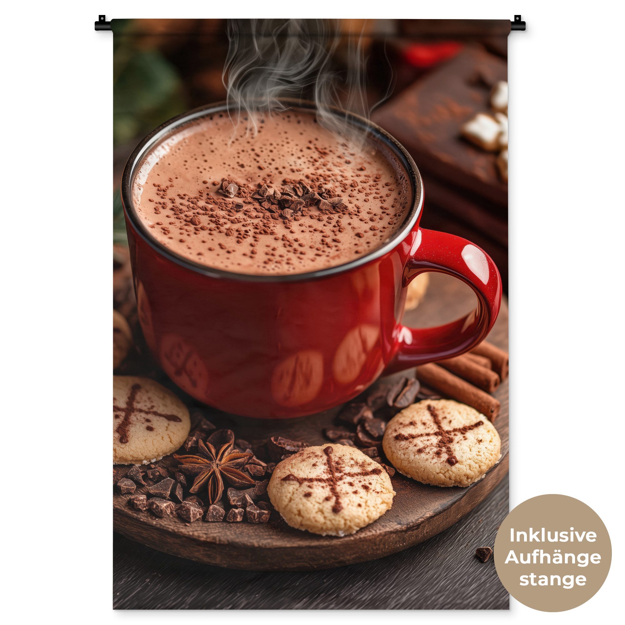 MuchoWow Wandteppich Schokoladenmilch - Becher - Winter - Weihnachten - Gemütlichkeit, Rechteckig, Höhe: 3 mm, Wandtuch Wohnzimmer, Schlafzimmer, 90x135 cm