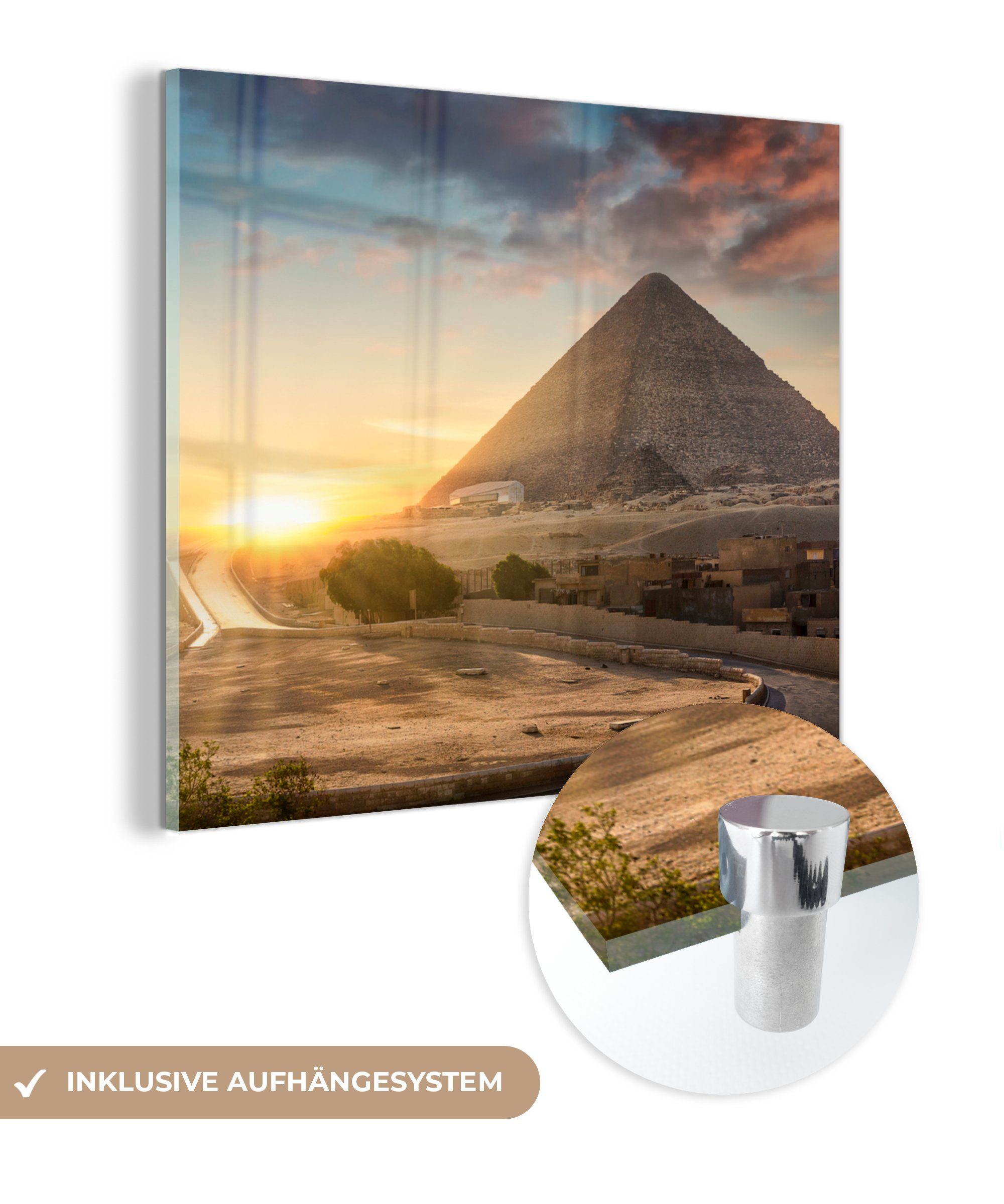 MuchoWow Acrylglasbild Sonnenuntergang hinter der Pyramide von Kairo - Ägypten, (1 St), Glasbilder - Bilder auf Glas Wandbild - Foto auf Glas - Wanddekoration