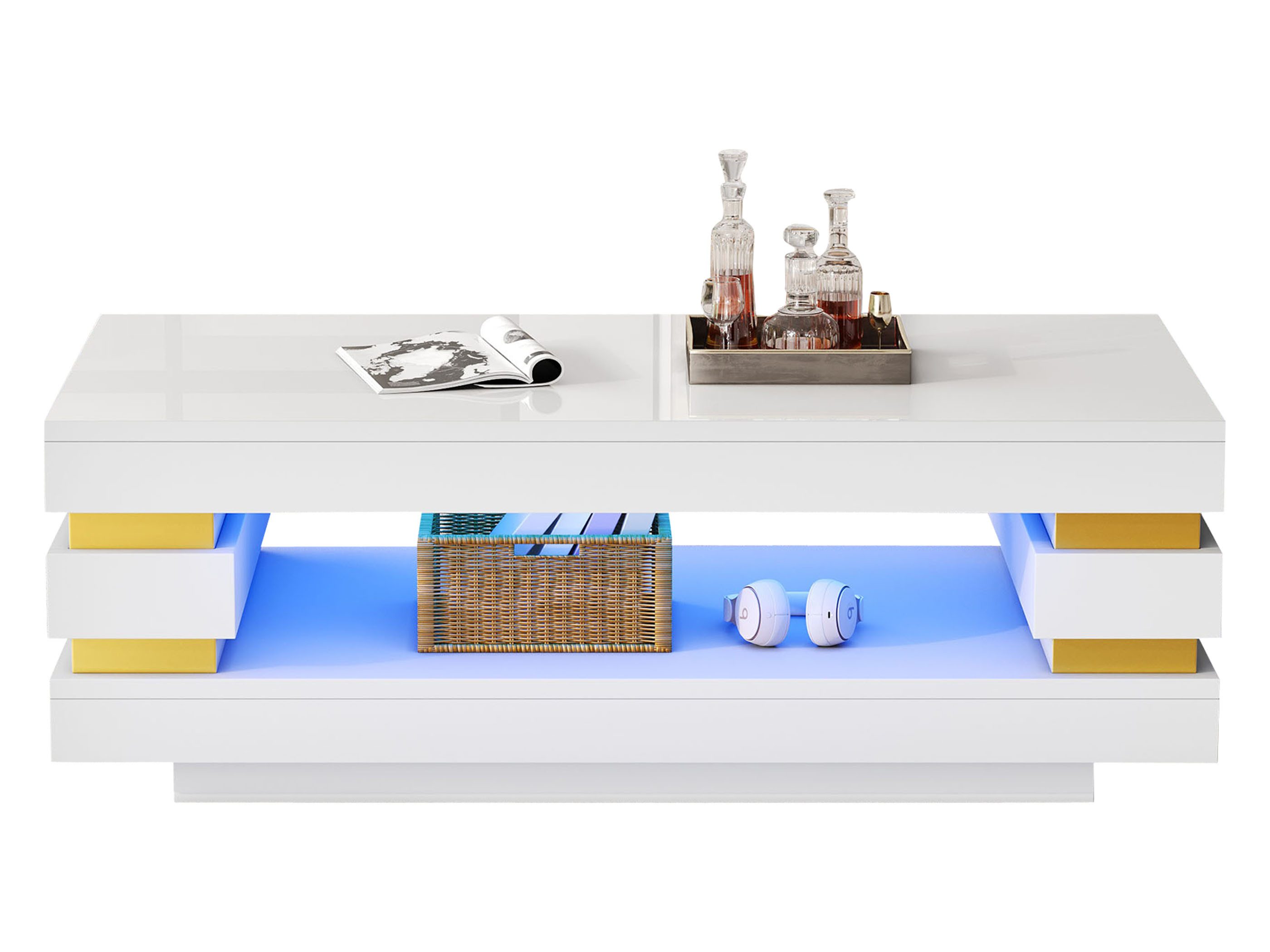 SeedWave Couchtisch Moderner Couchtisch in Hochglanz mit LED-Beleuchtung, Offenem Fach, Wohnzimmertisch mit Goldakzente, bodenstehender Bauweise