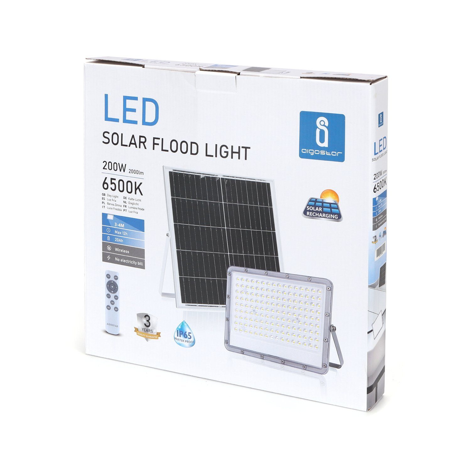 Kaltweiß Solarpanel Flutlichtstrahler 2000 LED mit Aigostar 200W Lumen LED-Flutlicht 6500K