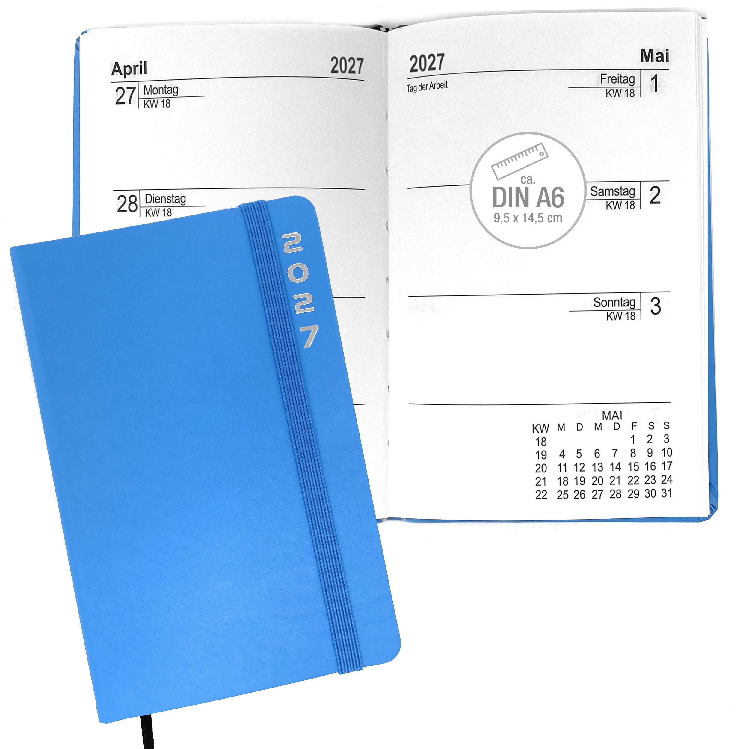AMLI Taschenkalender Taschenkalender 2027 A6 mit Gummiband 1 Woche 2 Seiten Blau, Gummiband, Folienprägung, Leseband, Ferien & Feiertage