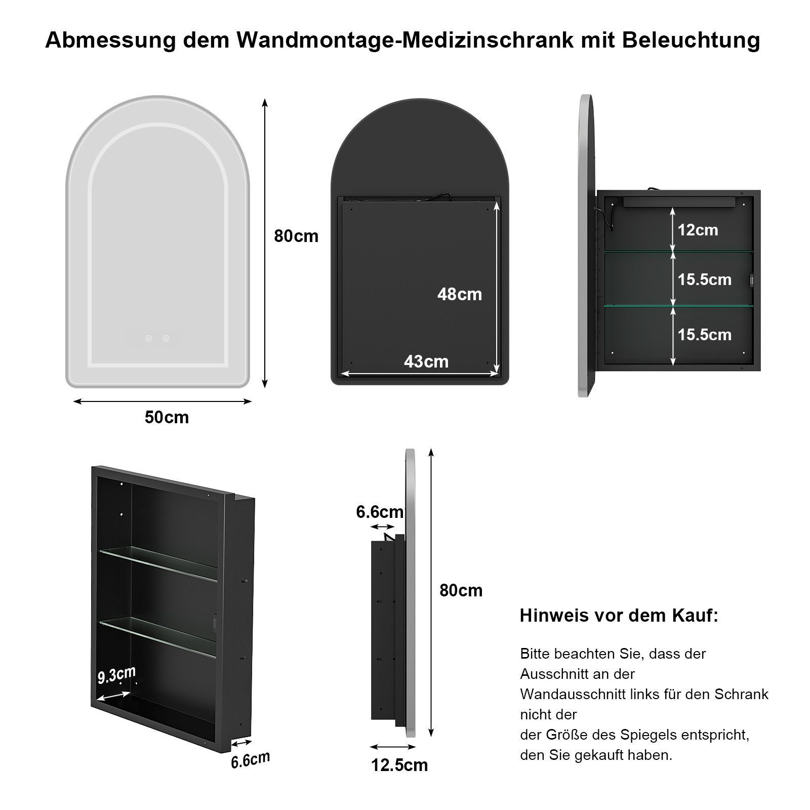 radelldar Badezimmerspiegelschrank Medizinschrank mit Spiegel, Montagefrei Metall Feuchtigkeitsschutz (1-St) mit LED-Beleuchtung und Entnebelungsfunktion, 50x80x12,5 cm