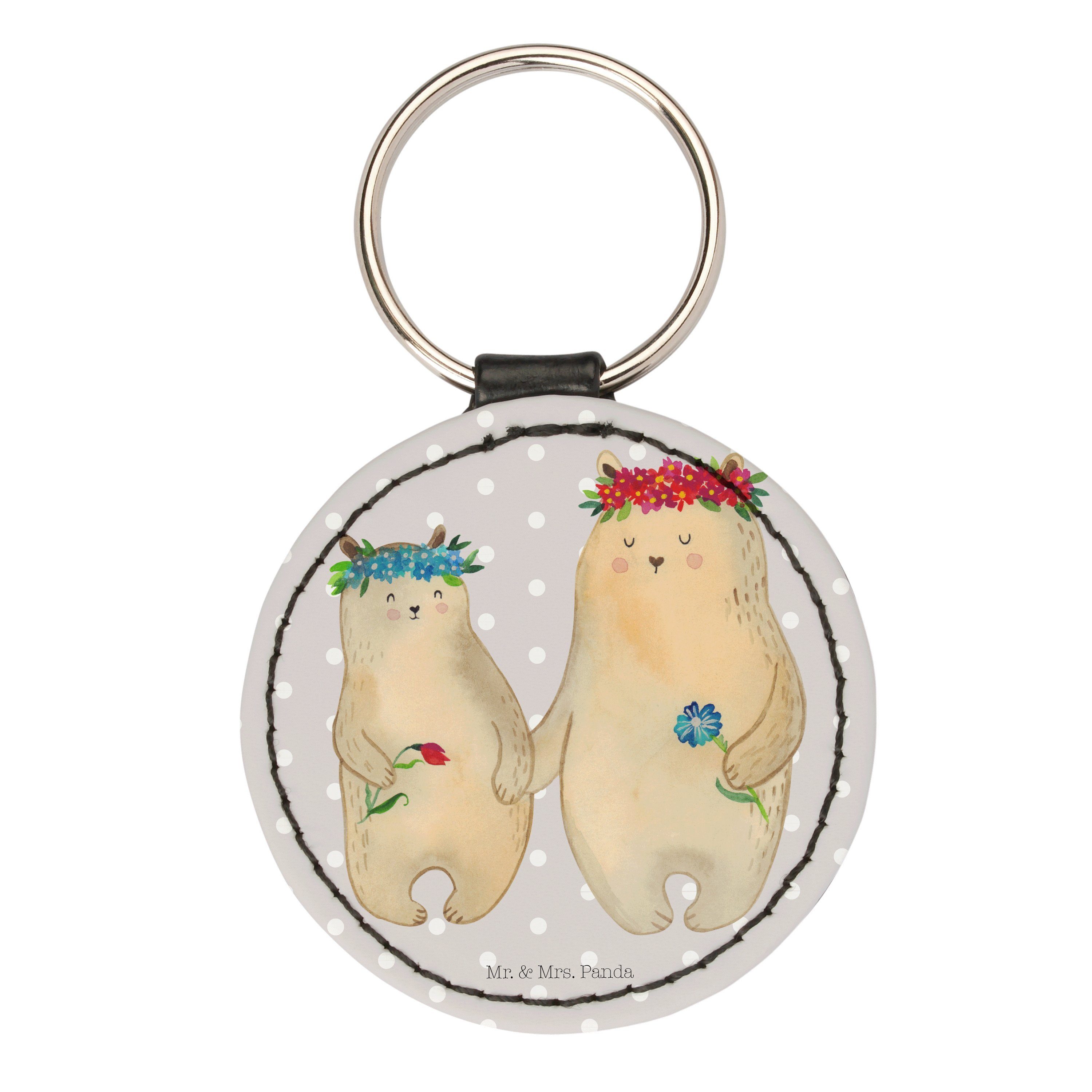 Mr. & Mrs. Panda Schlüsselanhänger Bären mit Blumenkranz - Grau Pastell - Geschenk, weltbeste Mama, Fami (1-tlg)