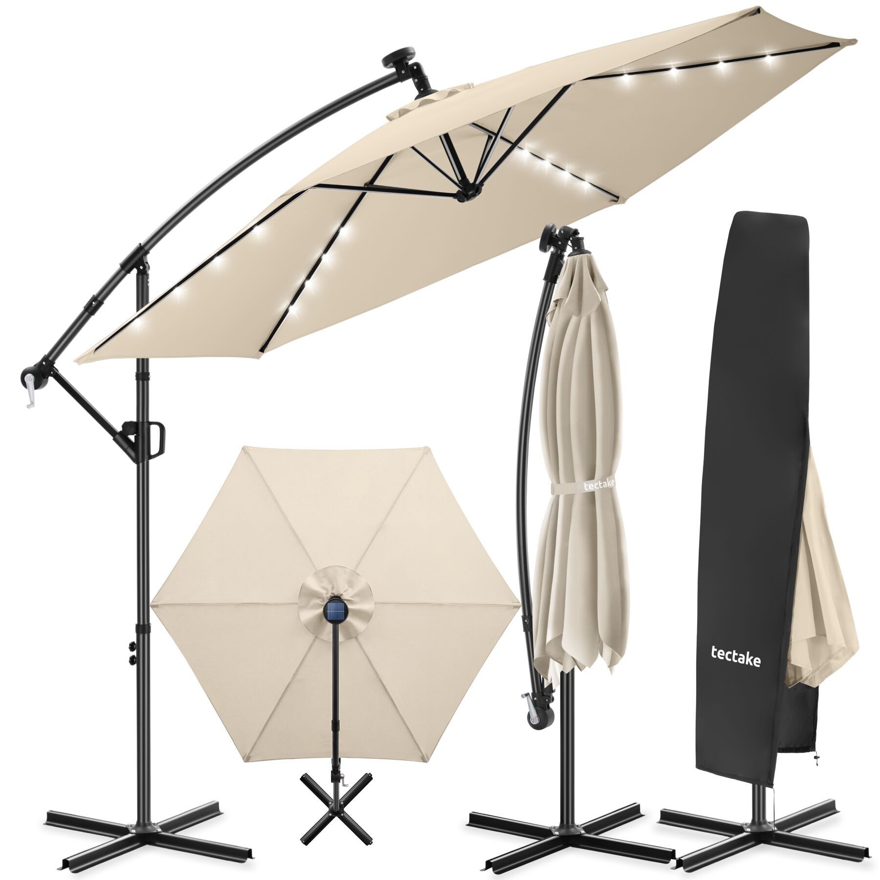 tectake Ampelschirm Sonnenschirm mit Doppeldach und LED Solar-Beleuchtung, 3 x 3 m, Balkonschirm Artemis, für Außen in Beige, 360° drehbar, wasserabweisend, neigbar, Kurbel, inkl. Schutzhülle