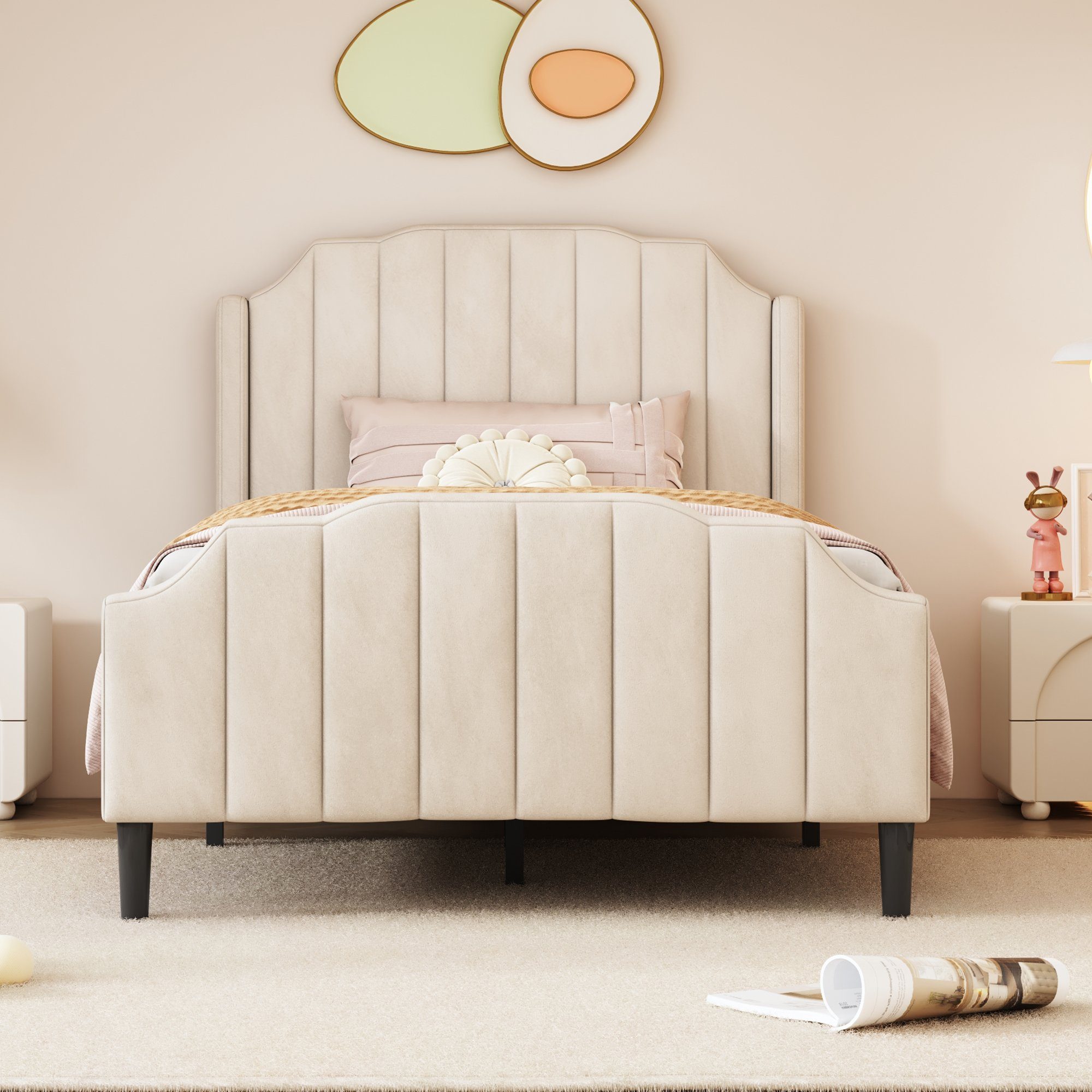 Polsterbett (Einzelbett 90 x 200 cm mit Kopfteil und Lattenrost), Jugendbett mit Gepolstertes Kopfteil, Bezug aus Samt
