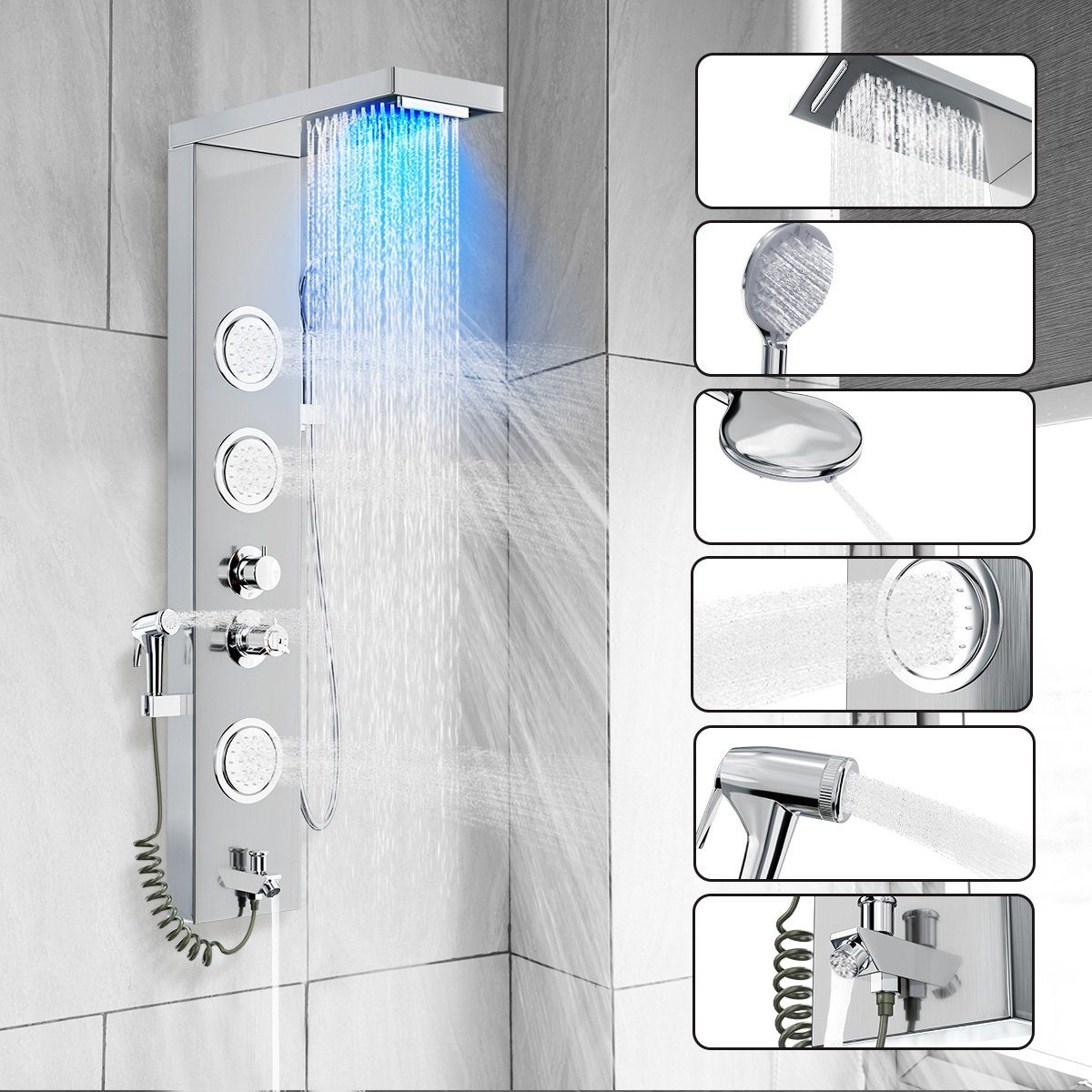 MULISOFT Duschsystem 6in1 Duschsäule mit Regenfall Wasserfall Duschkopf, 3 Massagestrahlen, 6 Strahlart(en), Handbrause, Wanneneinlauf, Edelstahl Duschpaneel mit Armatur