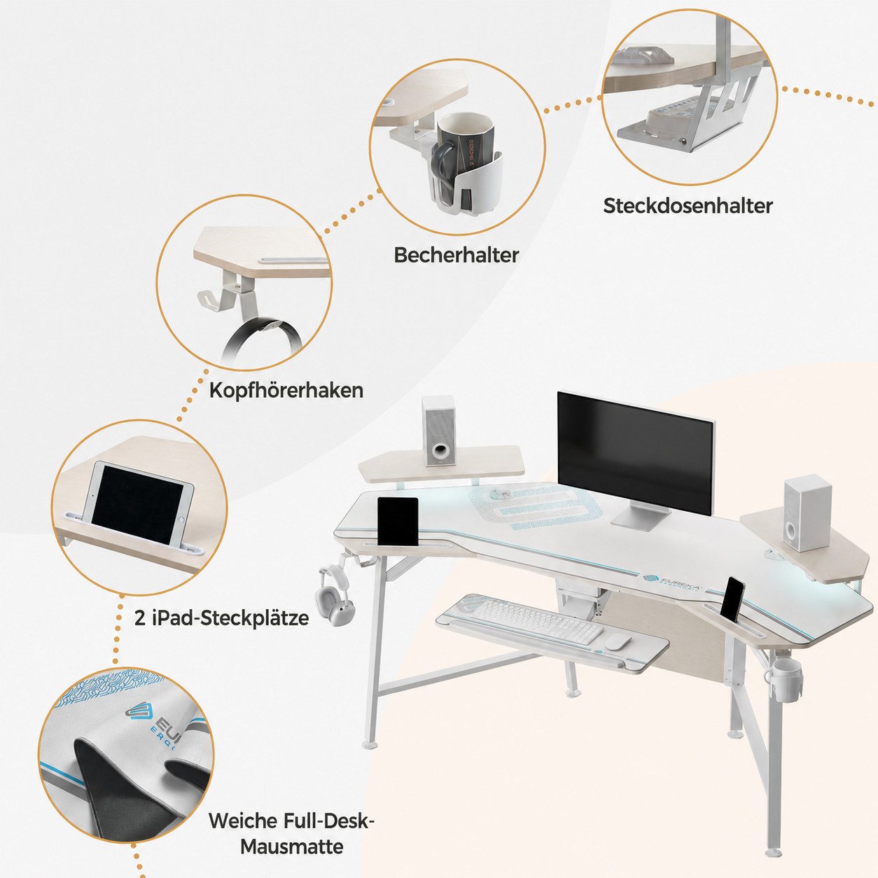 EE EUREKA ERGONOMIC Gamingtisch 183 x 61 cm Computertisch, Flügelform mit ausziehbarer Tastaturablage, Doppelmonitor-Aufsatz, RGB-LED-Licht und Kabeldurchführungen am Tisch