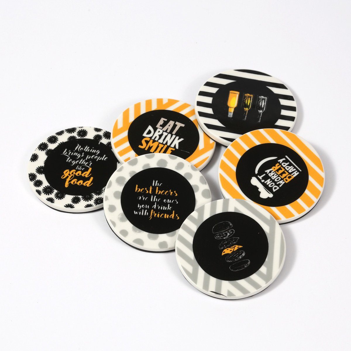 GAUMENKICK Getränkeuntersetzer Keramikuntersetzer mit Aufschrift rund Bierdeckel 6er Set, 6-tlg.