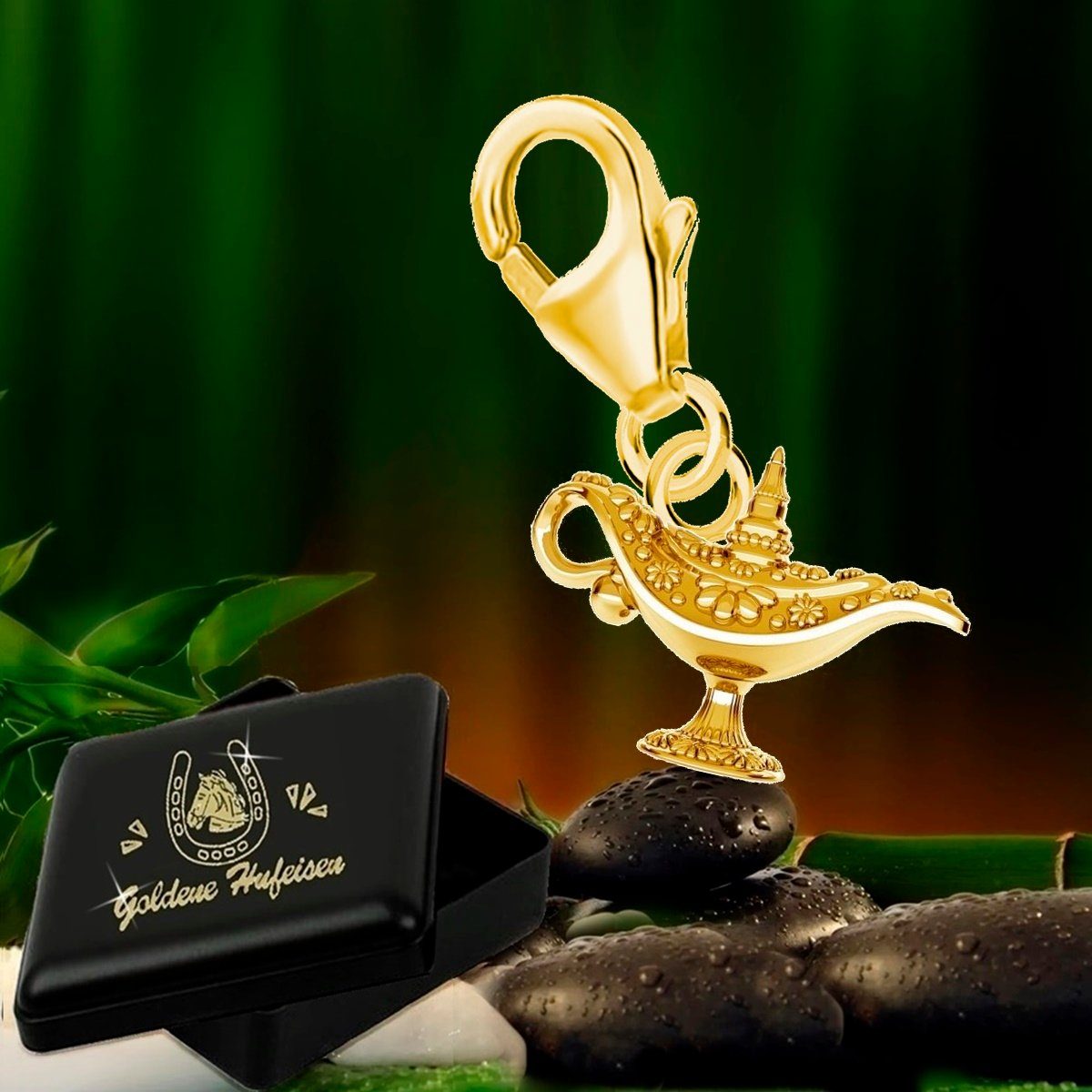 Goldene Hufeisen Charm-Einhänger kleine Wunderlampe Karabiner Charm Anhänger Bettelarmband 925 Silber (inkl. Etui), für Gliederarmband oder Halskette
