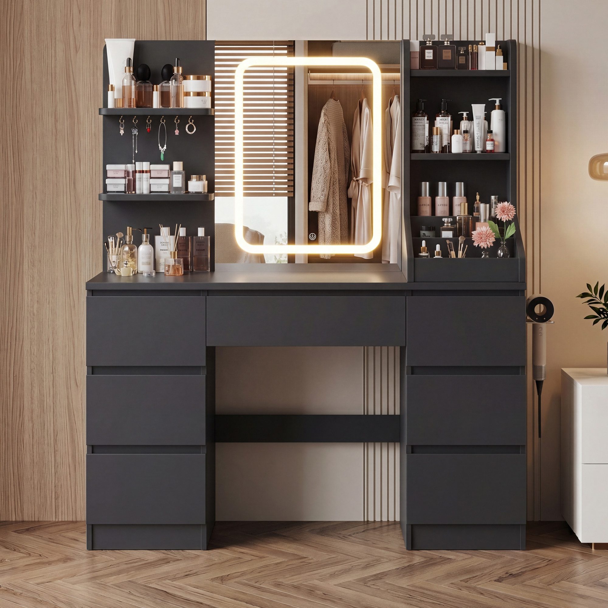 HOMALL Schminktisch Spiegel mit LED-Beleuchtung, 7 Schubladen (Maße: 110 × 40 × 139 cm, drei einstellbare Farbtemperaturen, mit 8 offenen Ablagefächern, 6 Schmuckhaken, 2 Steckdosen, 1 USB-Anschluss, 1 Typ-C-Anschluss und einer Haartrocknerhalterung)