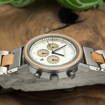 Holzwerk Chronograph VIERSEN Herren Edelstahl & Holz Armband Uhr, silber, beige