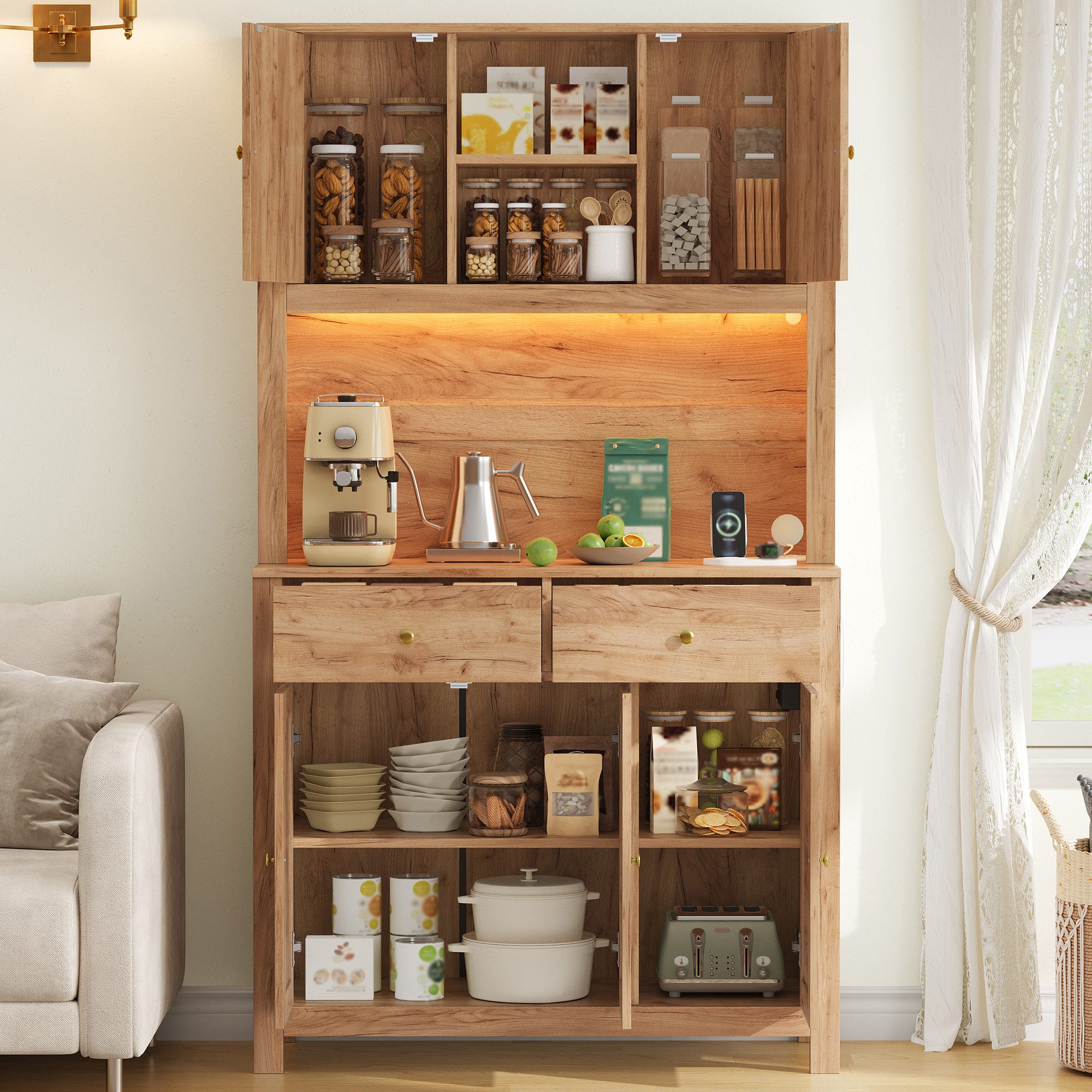 Flieks Küchenbuffet Hochschrank mit LED-Beleuchtung, Steckdosen, Rattantüren, 2 Schubladen (Ladefunktion, 1-St., B100xT40xH180 cm) Küchenschrank Mehrzweckschran – Bild 2 von 5