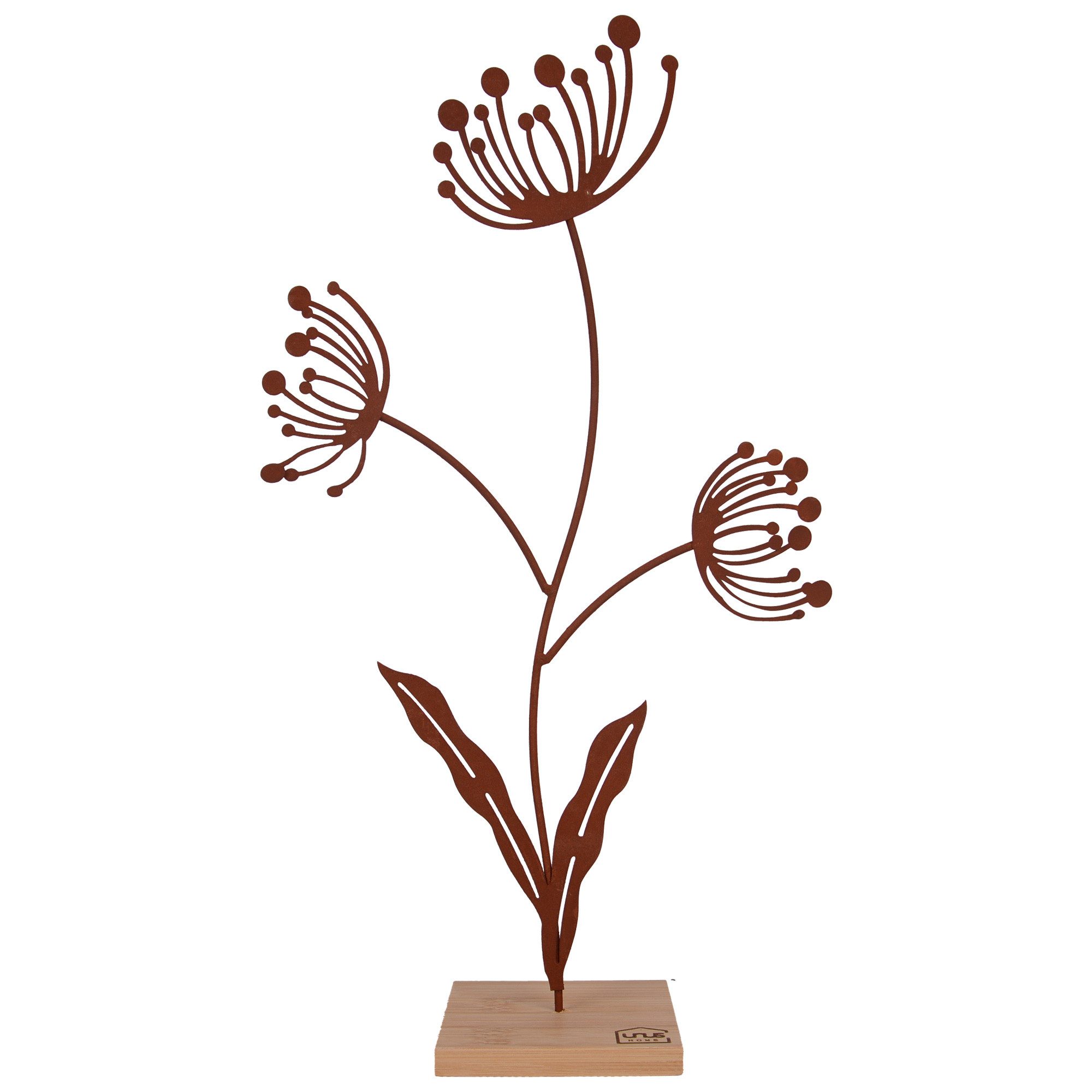 UNUS HOME Dekofigur Aufsteller Deko-Blume (groß, Rost), Blumen-Silhouette aus Metall und Bambus-Holz Wohndekoration