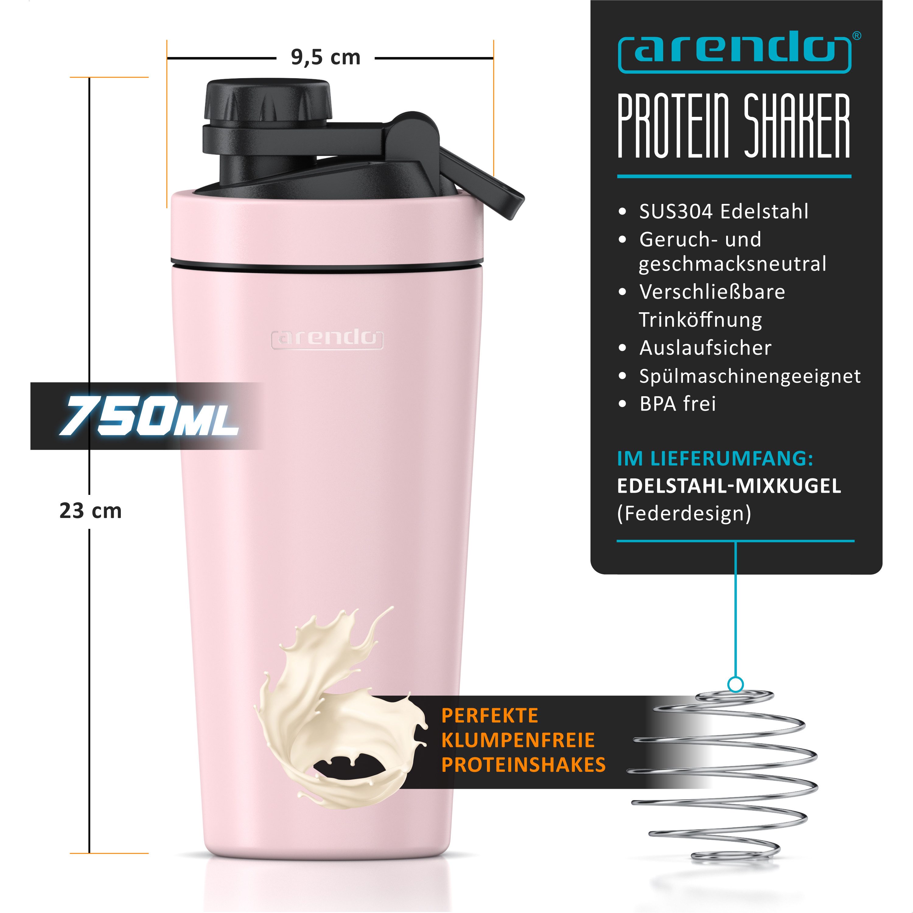 Arendo Protein Shaker Edelstahl Eiweißshaker 750 ml, verschließbar, bruchfest, BPA-frei, Edelstahl, (1-tlg), auslaufsicher, spülmaschinengeeignet, mit Tragegrif – Bild 2 von 5