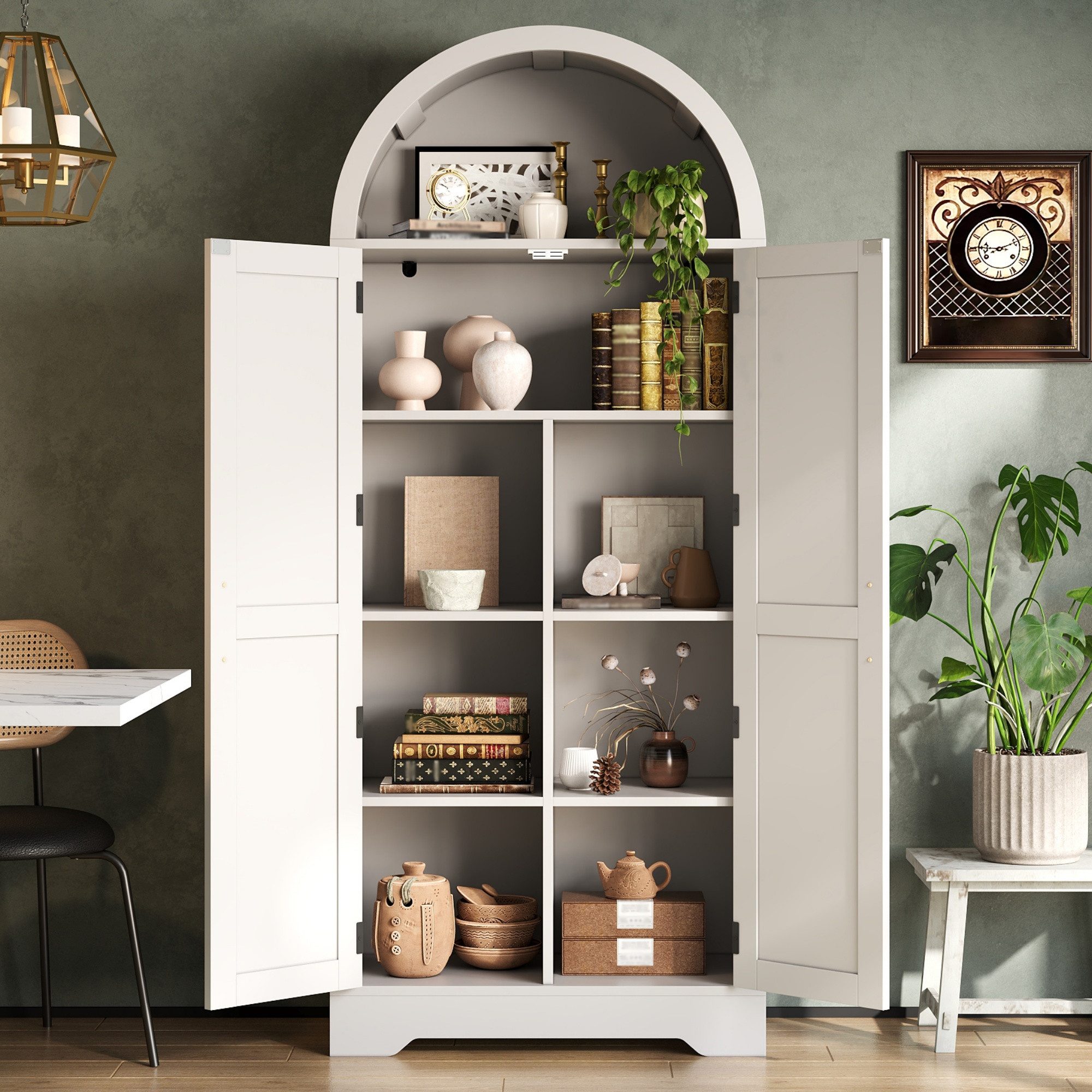 Flieks Hochschrank mit verstellbarer Einlegeböden und offenem Oberfach in Landhausstil (170×70×35 cm, 1-St) gewölbter Mehrzweckschrank Küchenschrank Highboard Küchenbuffet Weiß