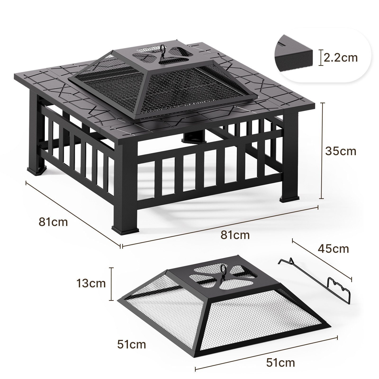 Bealife Fire Bowl, Charcoal Grill with Poker, 2-in-1 BBQ Grill, Fire Pit for Garden, Length x Width x Height: 81 x 81 x 35 cm