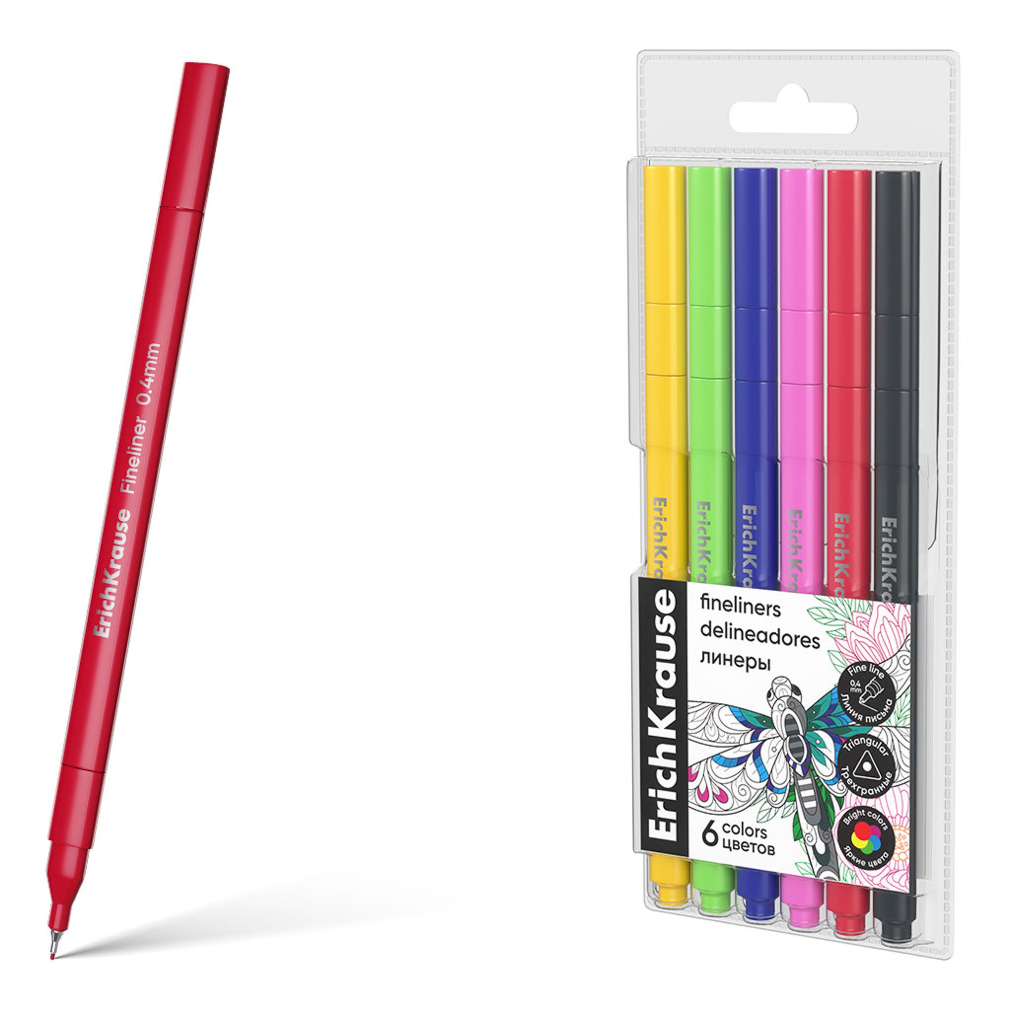 Erich Krause Filzstift, Fineliner 0,4mm Klassische Farben Set 6 Stück - Bunt