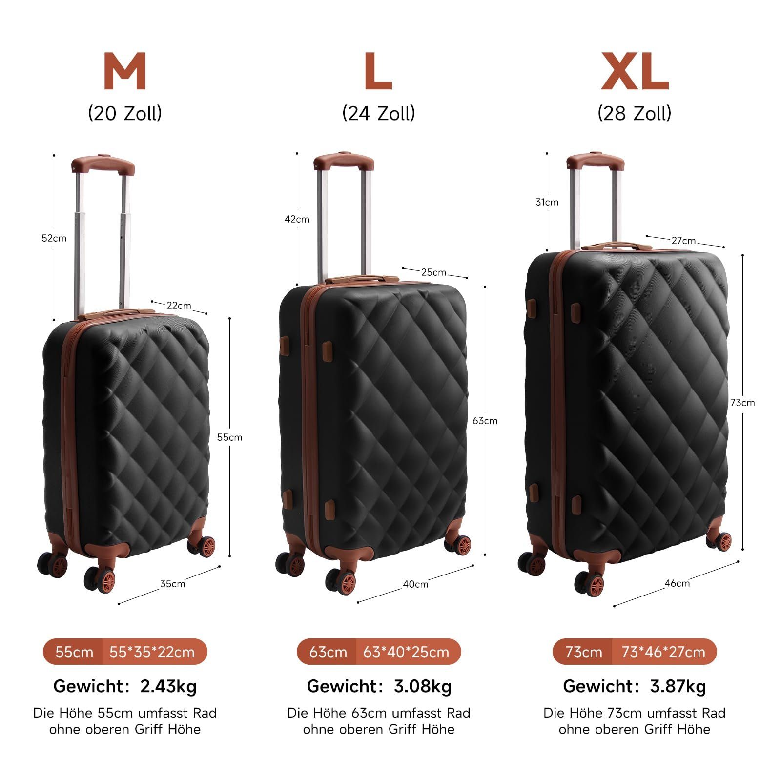 HOMELUX Trolleyset Kofferset 3 - 3 Schwarz Rollkoffer Rollen, (set, tlg., Hartschale Hartschalenkoffer Trolley Set ABS, M-L-XL Teilig 3), 4 Reisekoffer