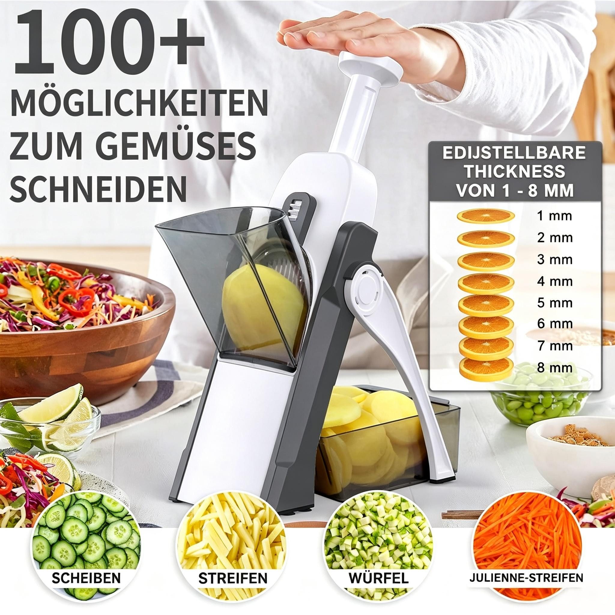 Kityhome Gemüseschneider Gemüseschneider 4-in-1 verstellbar Küchenhelfer Zerkleinerer, 4 Schneidmodi,Würfel / Stifte / Scheiben / Streifen / Julienne