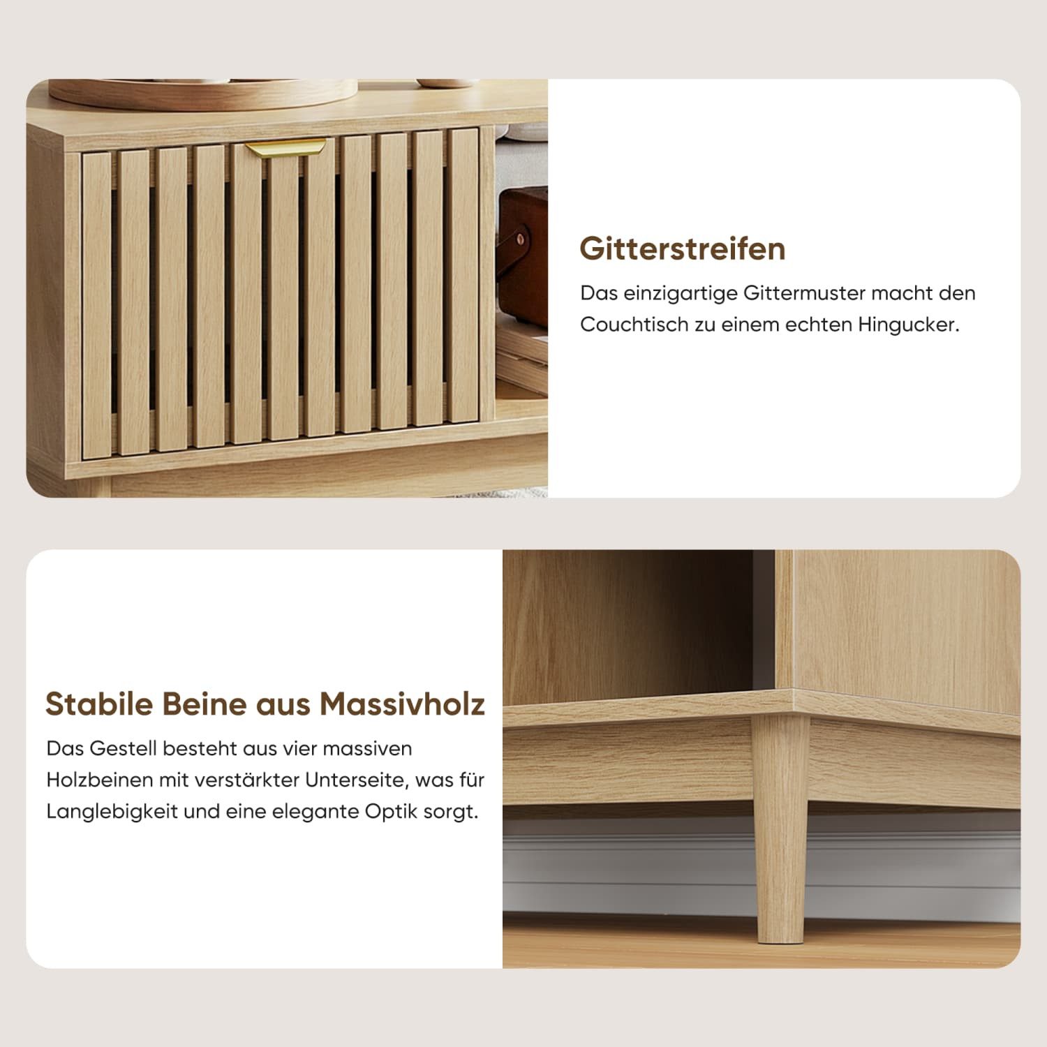 ANYSUN Couchtisch mit Schublade,offenen Stauraum,wohnzimmertisch mit MassivholzBeinen (1-St., 1 Couchtisch), mit Leichtgängige Gleitschiene,80x50x45cm,80kg Tragfähigkeit