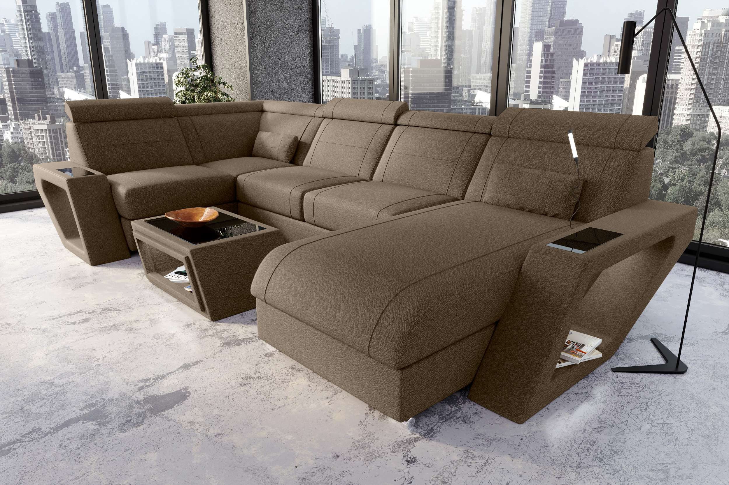 Sofa Dreams Ecksofa Wohnlandschaft Catania U Form Stoffsofa, Wohnlandschaft, U-Form, Polster Couch in U-Form mit LED, 2 Zierkissen inklusive