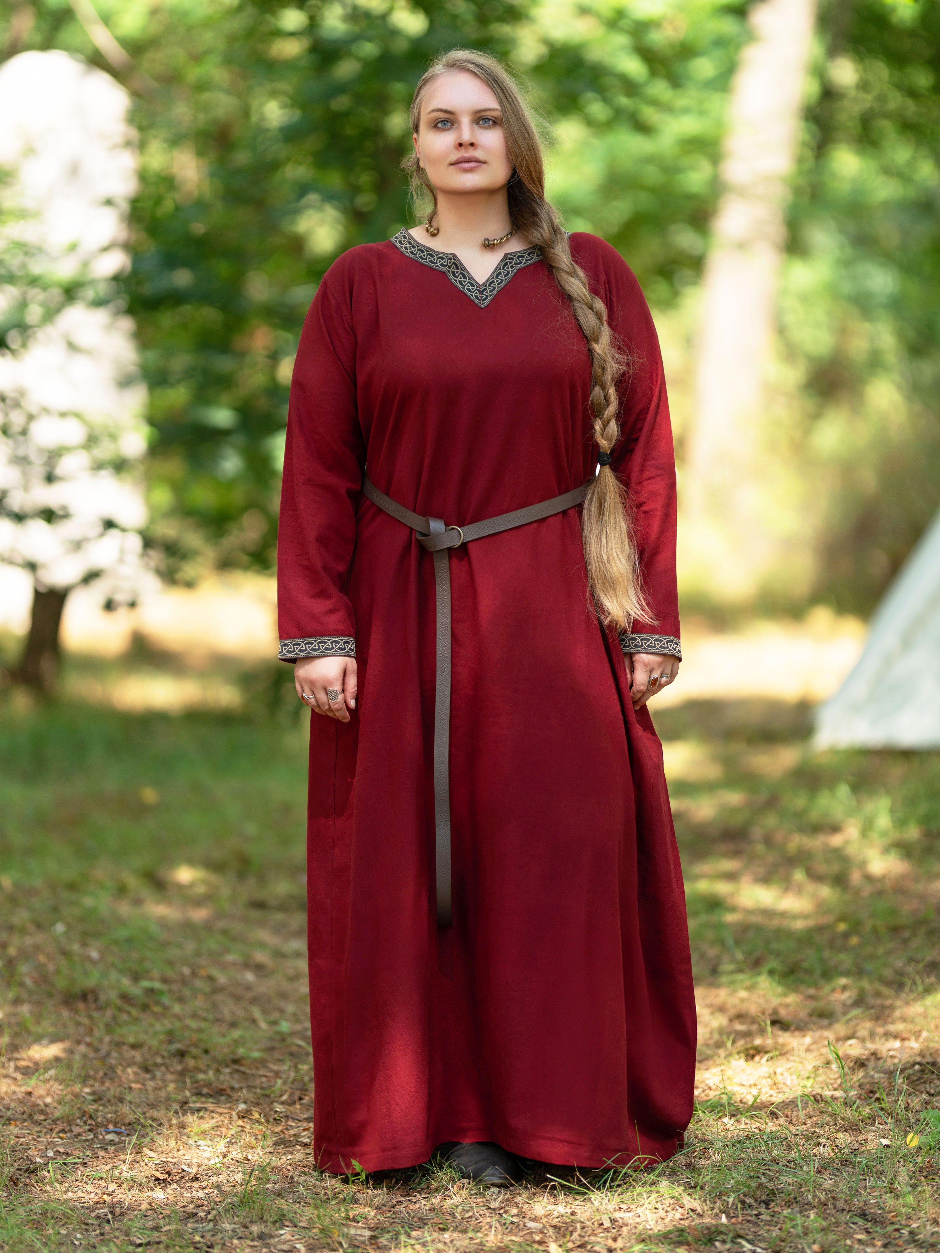 Vehi Mercatus Burgfräulein-Kostüm Mittelalter Kleid langarm Rot, mit Borte "Sigyn"