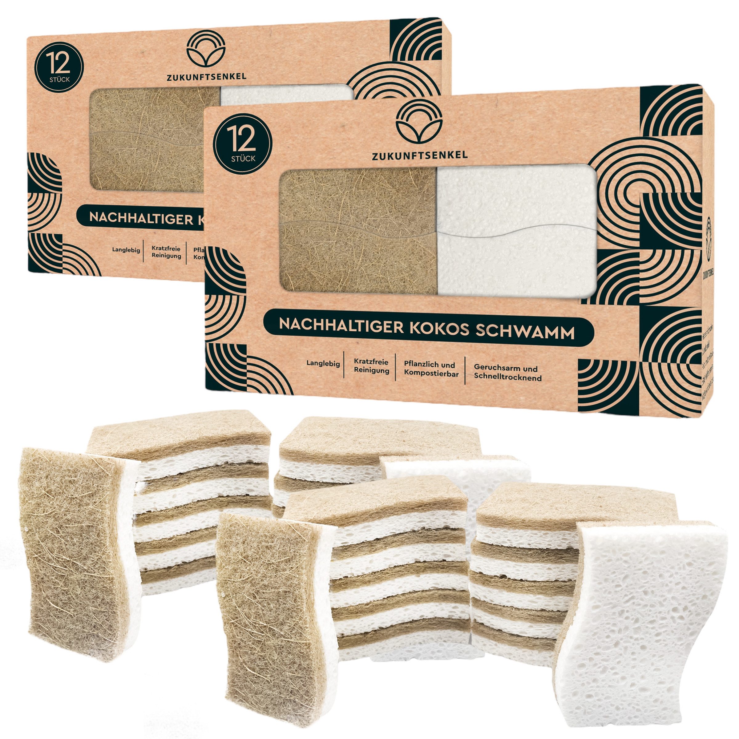 ZUKUNFTSENKEL Geschirrschwamm Nachhaltiger Spülschwamm Küchen Schwamm 100% Biologisch Abbaubar, Doppelpack 2x 12 Stück