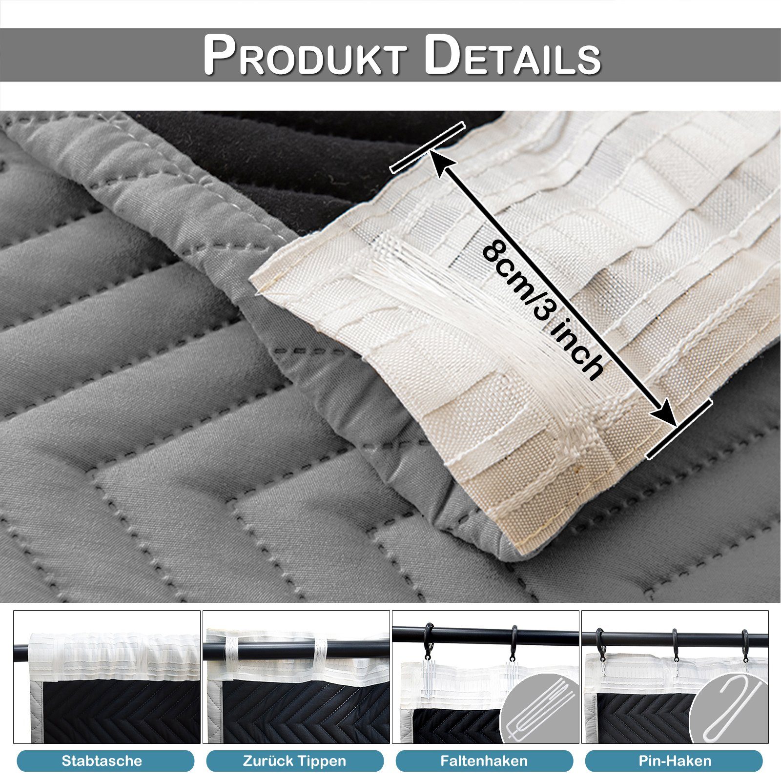 Sunicol Gardine 100% Blickdich Thermo Verdunkelungsvorhang mit Kräuselband (2 St), Winter Wärmeisolierend Türvorhang für Schlafzimmer Wohnzimmer – Bild 4 von 5