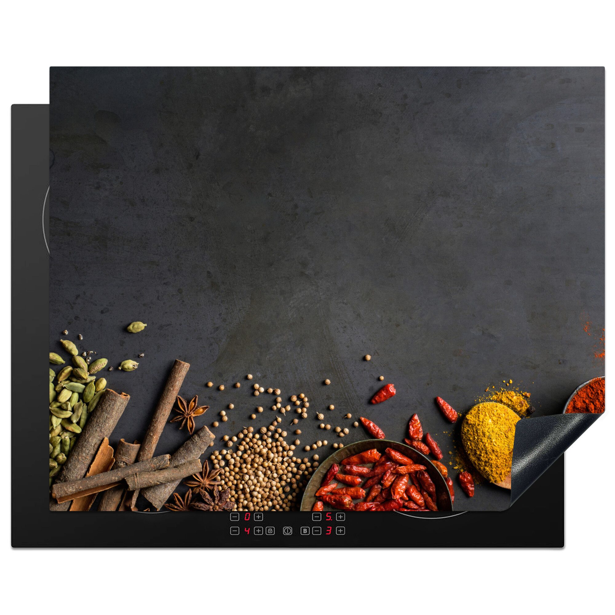 MuchoWow Herd-Abdeckplatte Kräuter - Lebensmittel - Gewürze - Schwarz - Paprika - Zimt, Vinyl, (1 tlg), Herdabdeckplatten für Ceranfeld, Induktionsschutz, 65x55 cm