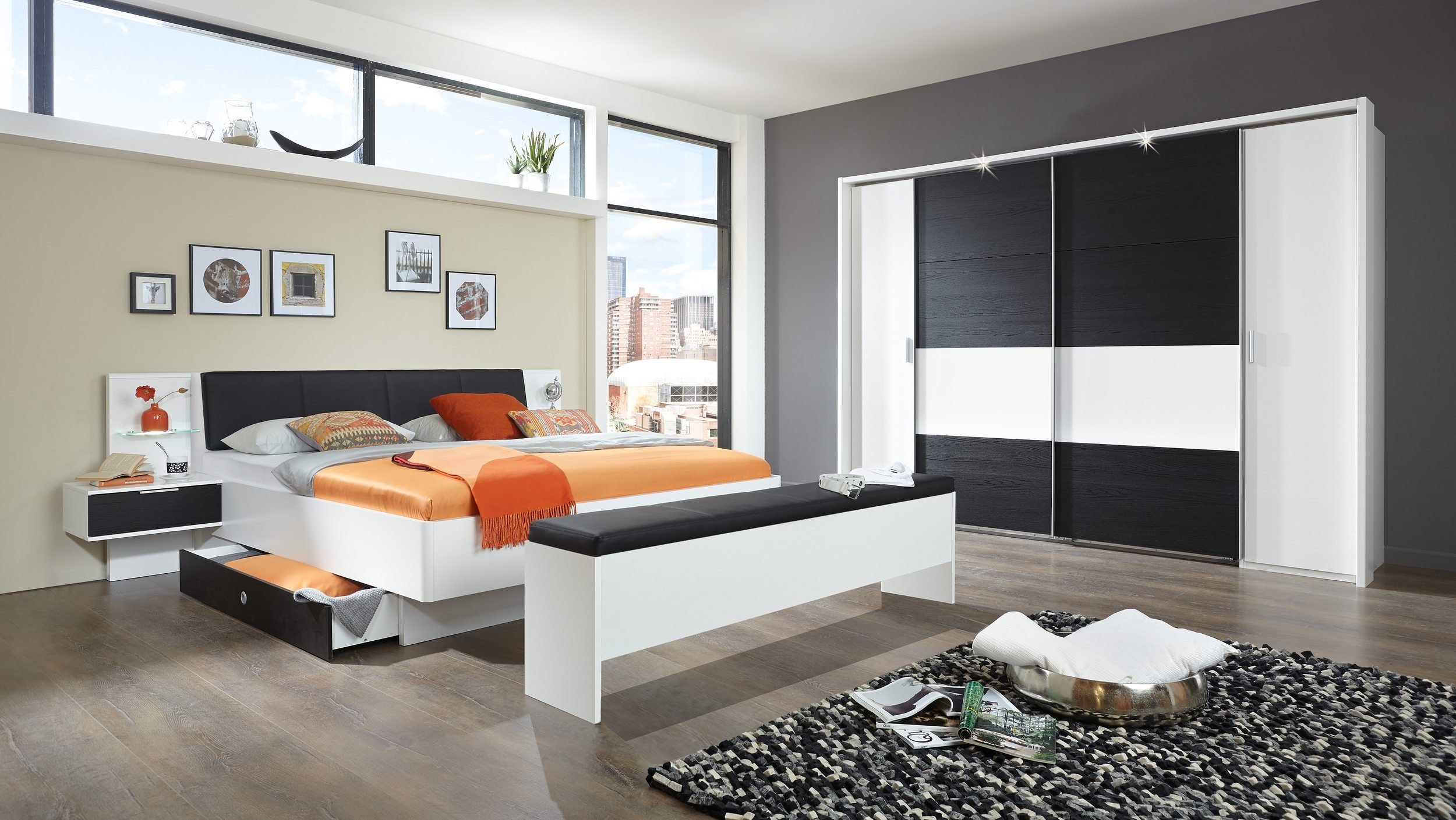 Stylefy Schlafzimmer-Set Maria, (Komplett Schlafzimmer, Set (3-St),  1xSchwebetürenschrank, 1xDoppelbett und 1xSitzruhe, mit viel Stauraum, aus  Holzwerkstoff, inkl.LED-Beleuchtung