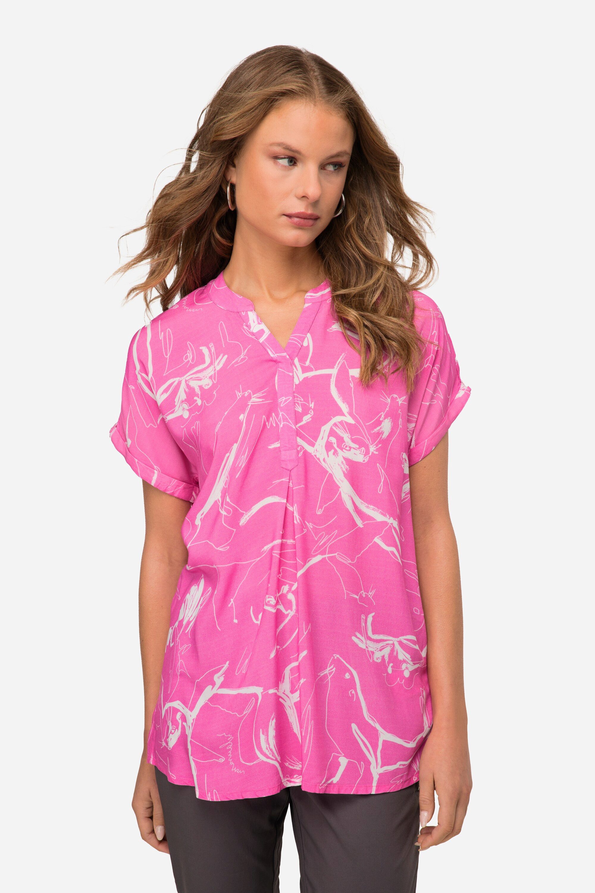 Druckbluse Bluse oversized Robben Print Stehkragen Halbarm