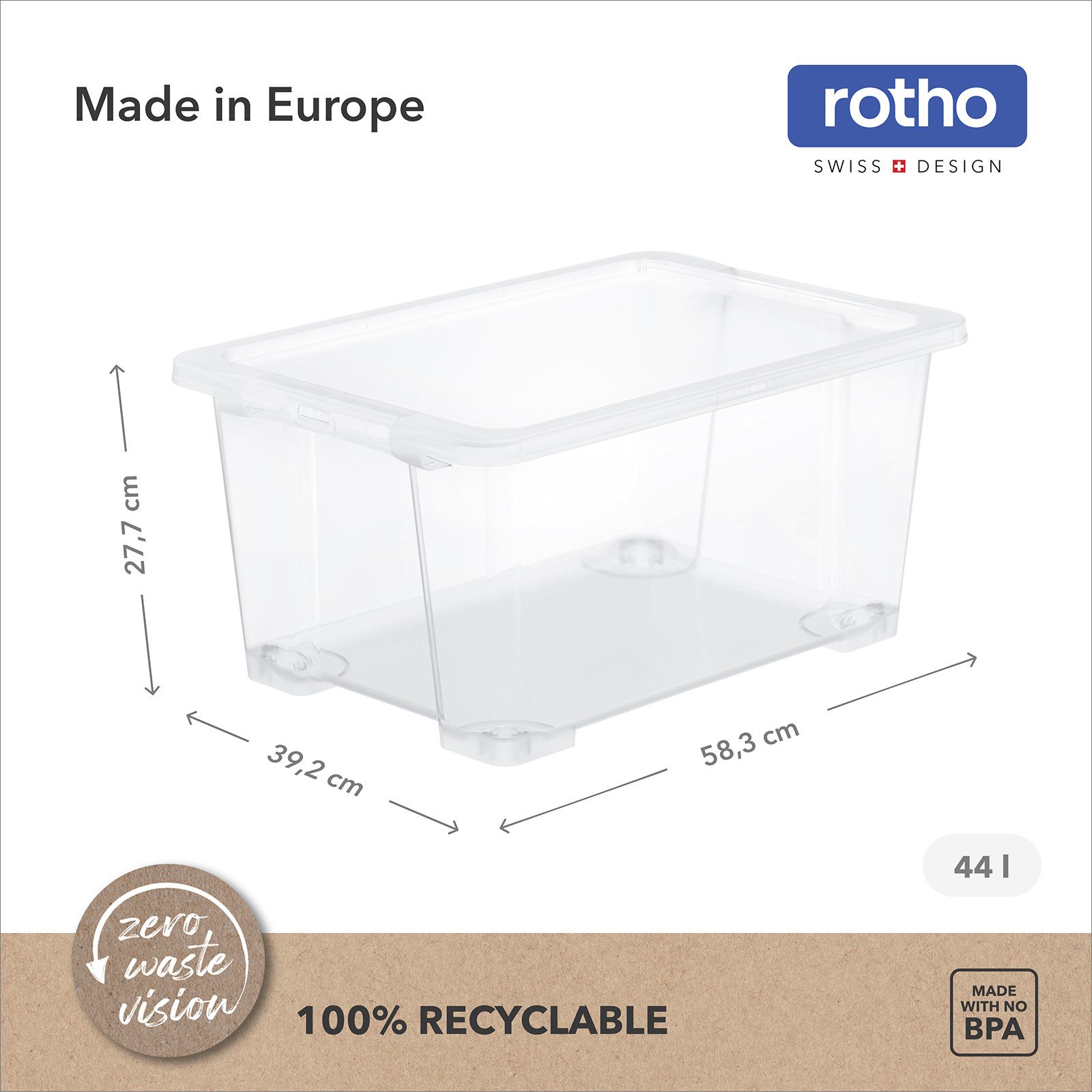 ROTHO Aufbewahrungsbox 4er-Set CORE BASIC 44L stapelbar transparente Box mit Deckel (Sichtboxen-Set, 4er-Set), Kunststoffbox ideal für Kleidung, Spielzeug und Haushaltsartikel