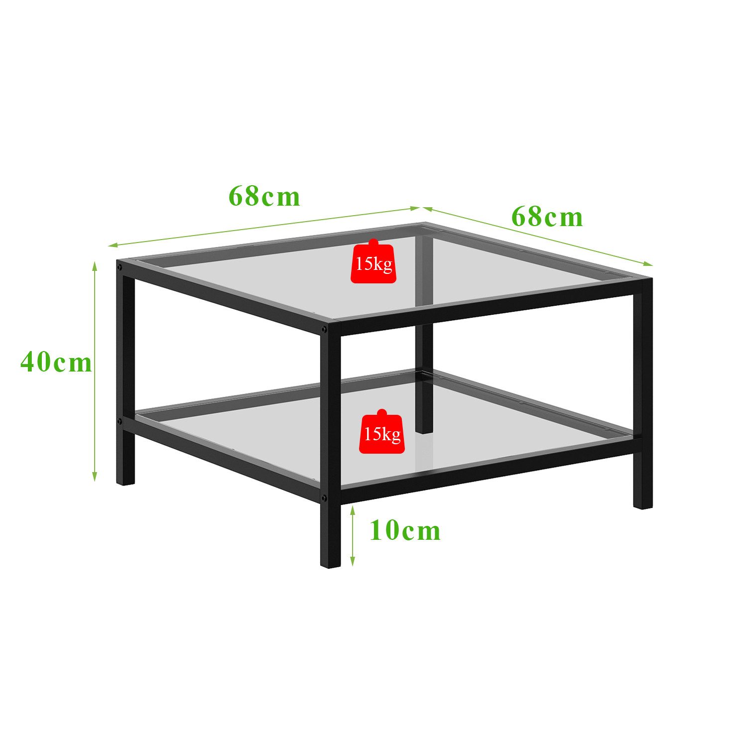 HOMSEE Couchtisch Moderner Glas-Wohnzimmertisch mit 2 Ablageebenen, 68x68x40 cm (1-St), Beistelltisch aus gehärtetem Glas & Metallgerüst für Wohnzimmer
