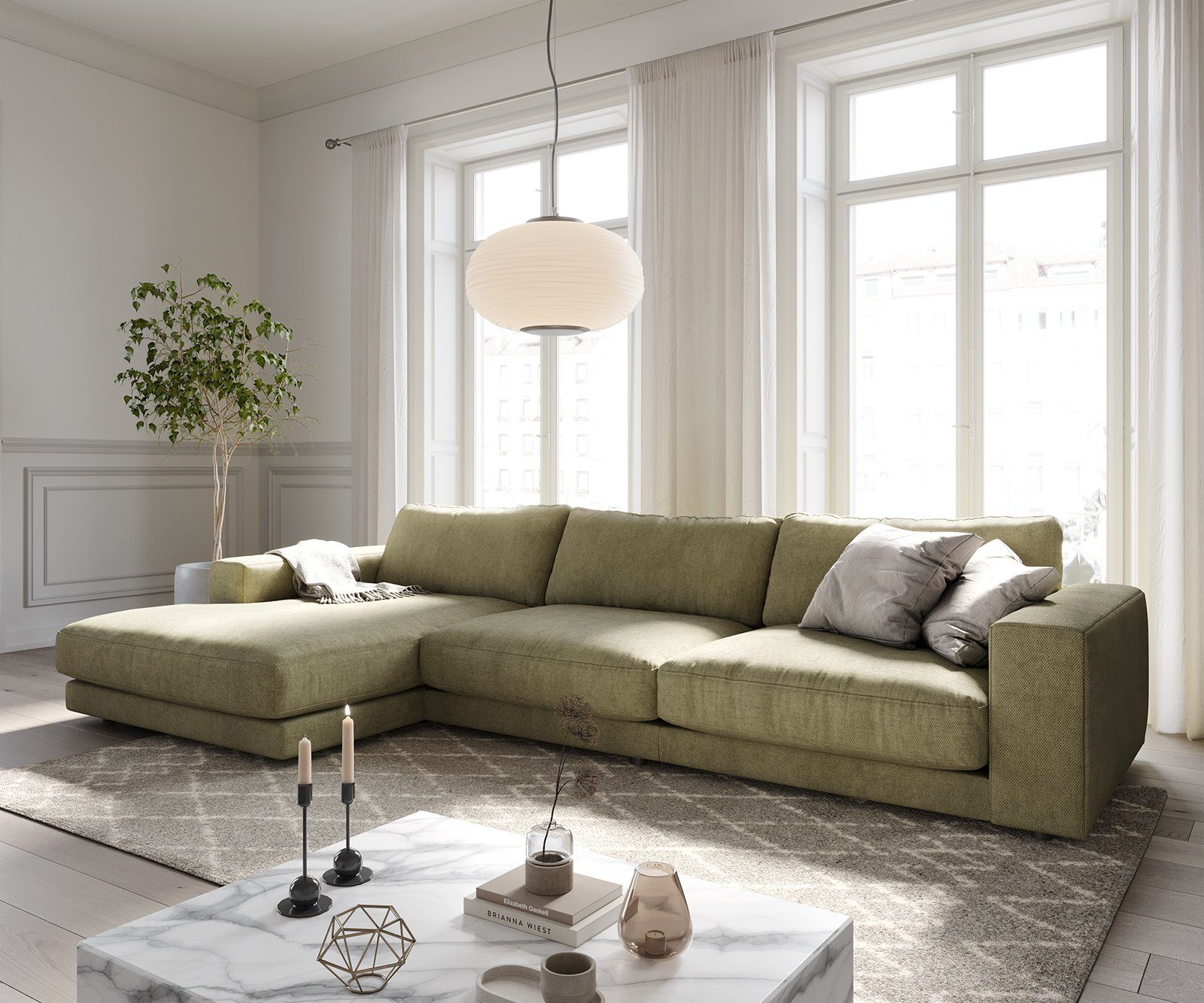 DELIFE Ecksofa Cubico, Strukturstoff Olive 350x190 cm Recamiere links Ecksofa