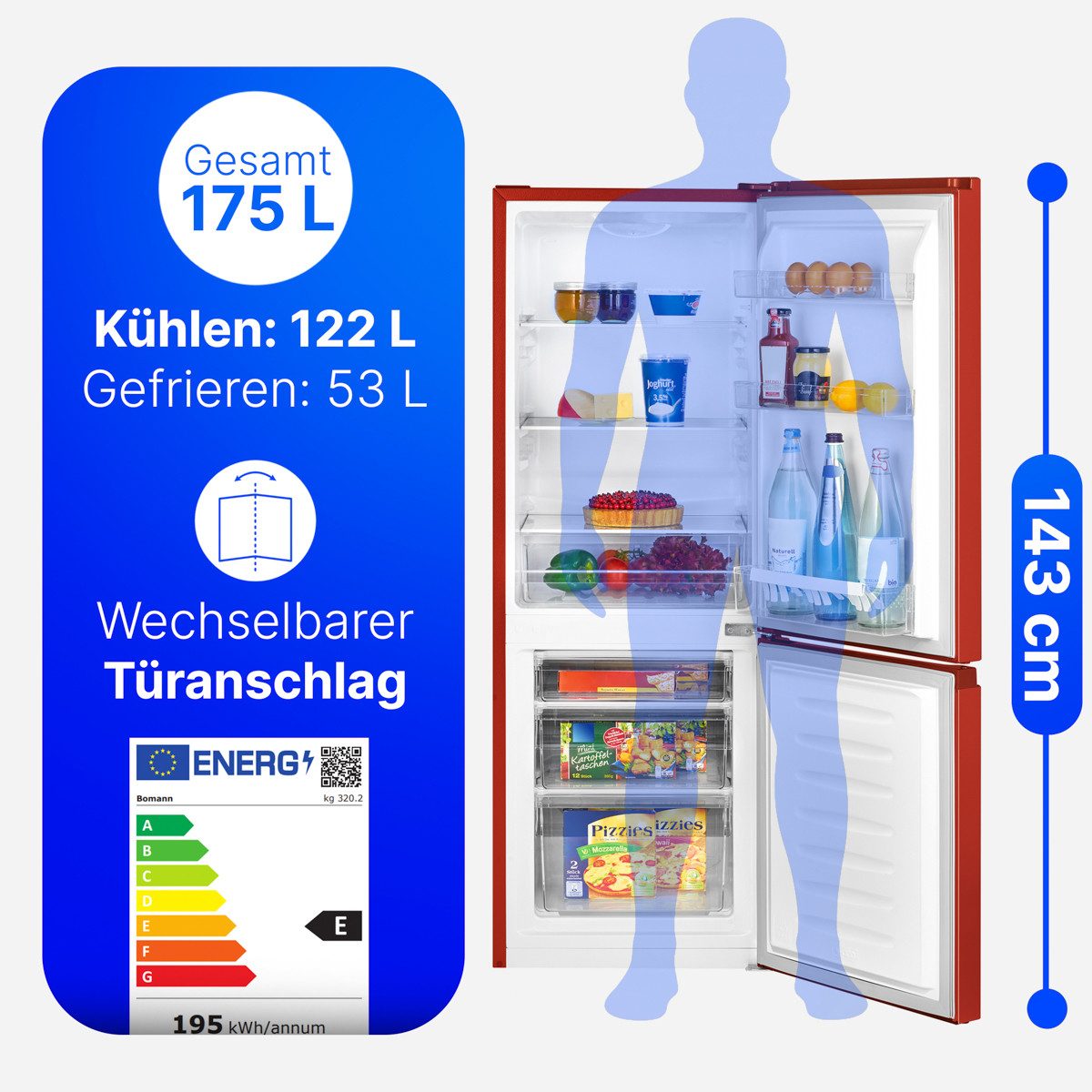 BOMANN Kühl-/Gefrierkombination KG 320.2 rot, 143 cm hoch, 49.5 cm breit, 143cm Kühl-/Gefrierkombination, Energieklasse E