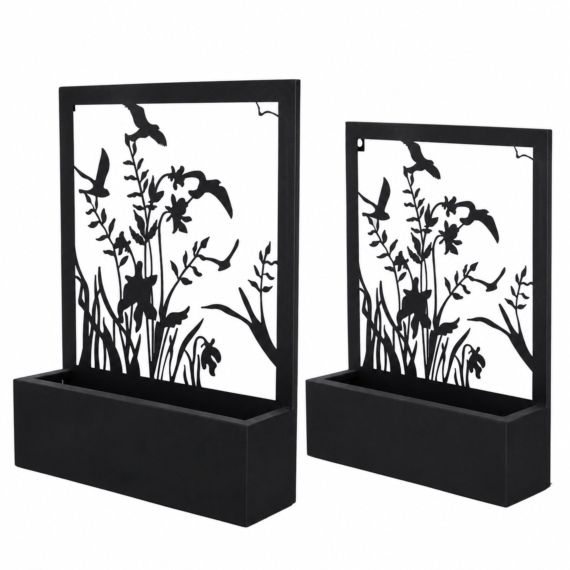 UNUS GARDEN Pflanzkübel Blumenkasten Metall Wandregal 2er Set (schwarz), modern und dekorativ - Blumen- & Vögelmotiv