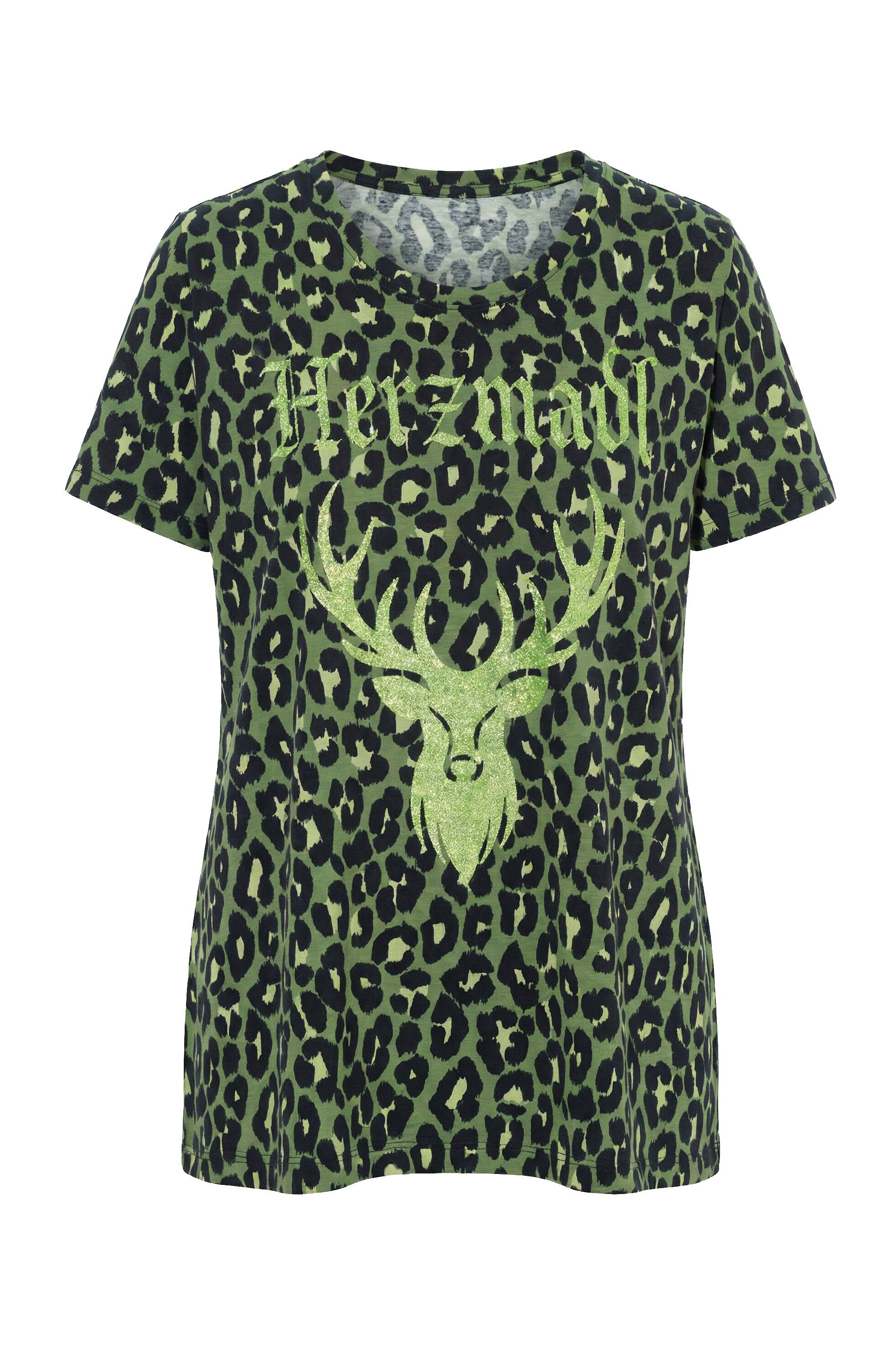 Ulla Popken T-Shirt T-Shirt Leomuster Hirsch Rundhals Halbarm
