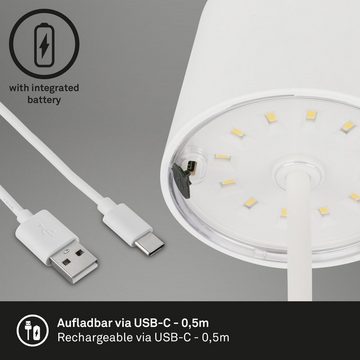 Briloner Leuchten Außen-Tischleuchte 7423016, dimmbar, Touch, USB-C Aufladung, Akku, LED fest verbaut, Tischlampe kabellos, 26x10,5cm, Weiß, 2,6W, Spritzwasserschutz