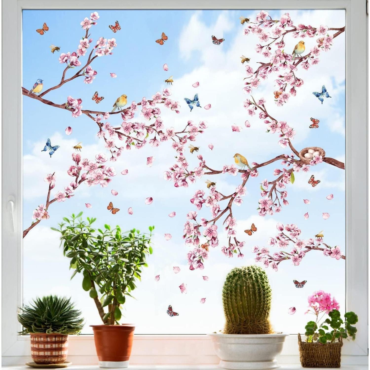 LuxusKollektion Fensterbild Wandsticker Set Frühling Blumen Vögel Schmetterling