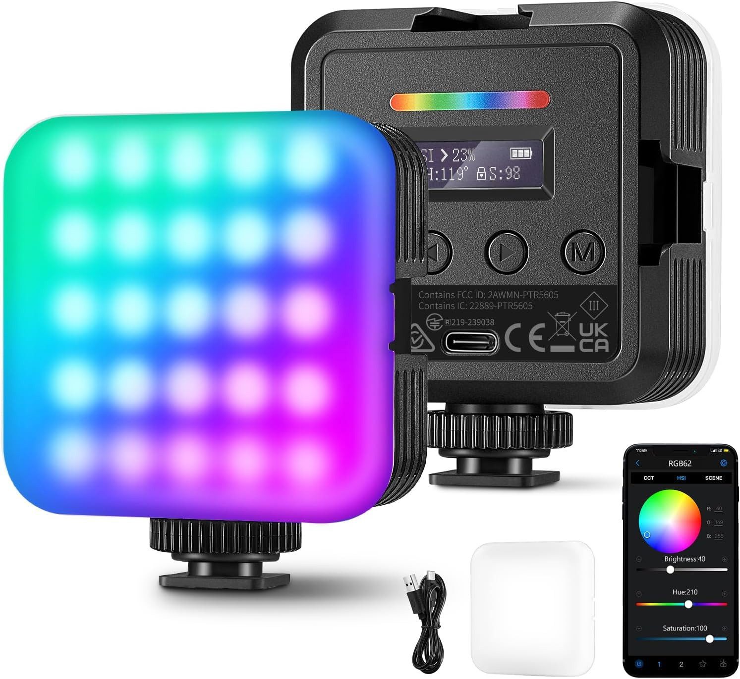 Neewer Videoleuchte RGB62 Magnetisches RGB Videolicht mit APP Steuerung, CRI97+, 2500K-8500K, 2000mAh Akku, Selfie Licht für Fotografie Vlogs