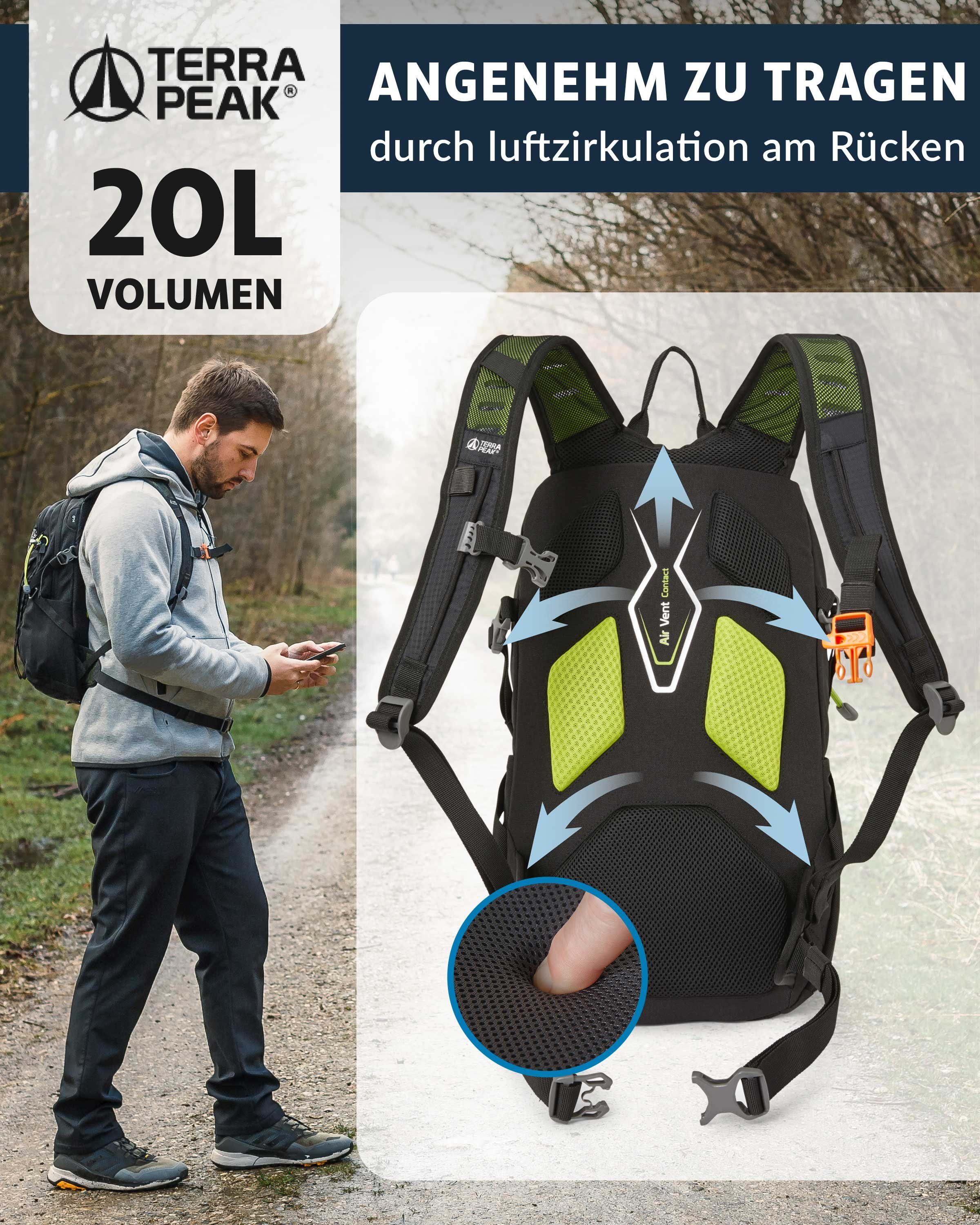 mit Hüftgurt YKK 20, Sportrucksack Active klein Terra Schwarz mit 20L Trekkingrucksack Reißverschluss Peak