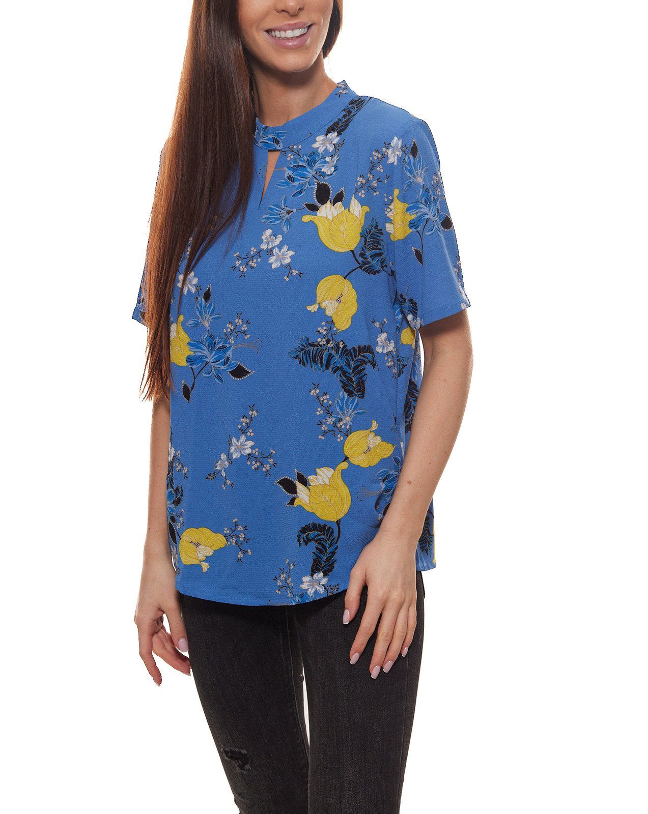 KAFFE Rundhalsshirt KAFFE Kajama Blusenshirt verspielte Damen Druck-Bluse  im Asia Stil Sommer-Shirt Blau