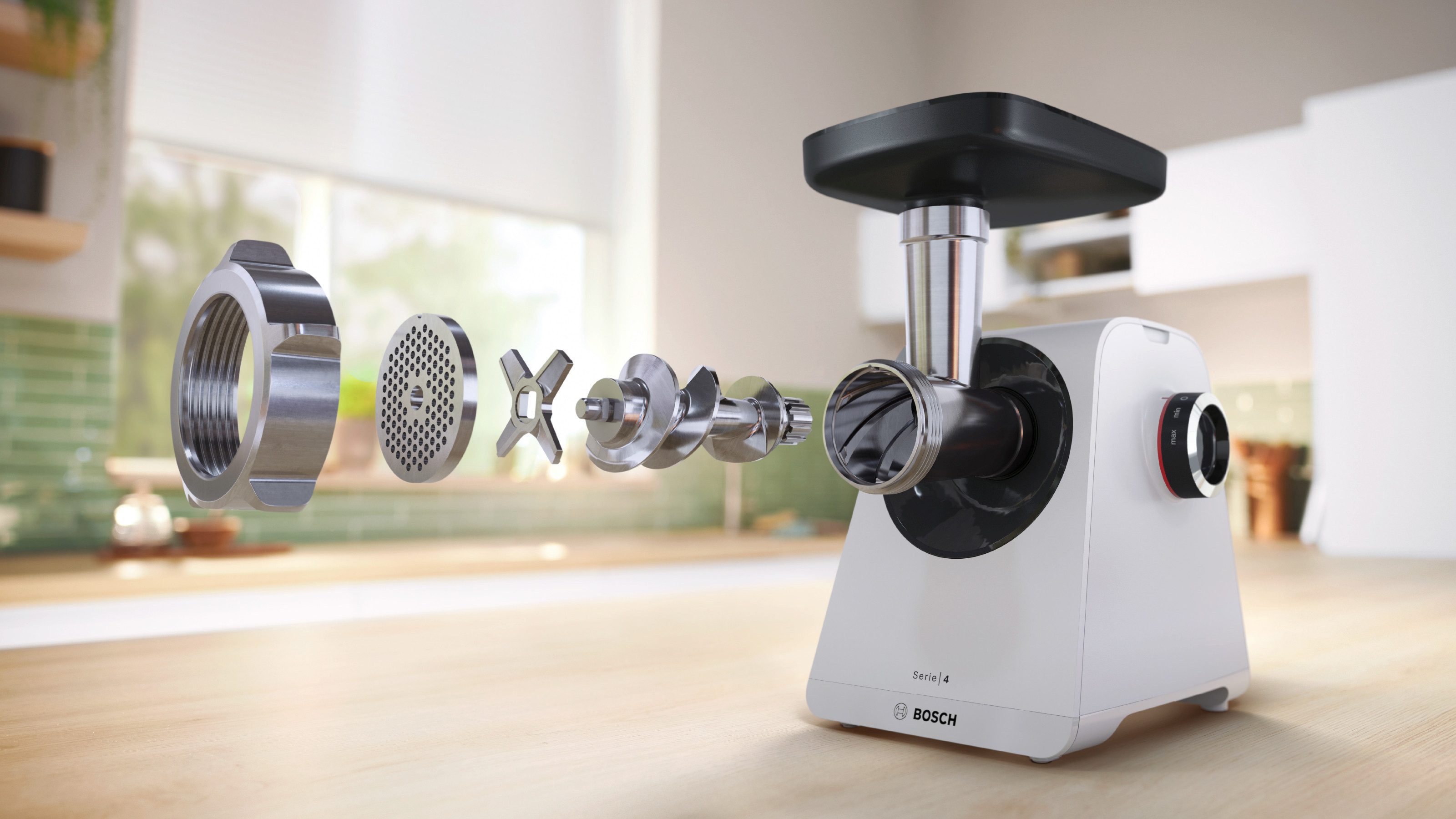 BOSCH Fleischwolf Serie 4 MFWS420W, 1900 W Blockierlei., 2 Flügel-Messer, 2 Stufen, weiß, 500 W, Metallkupplung, Wurststopfer, 10 J Motorgarantie, Rücklauffunktion